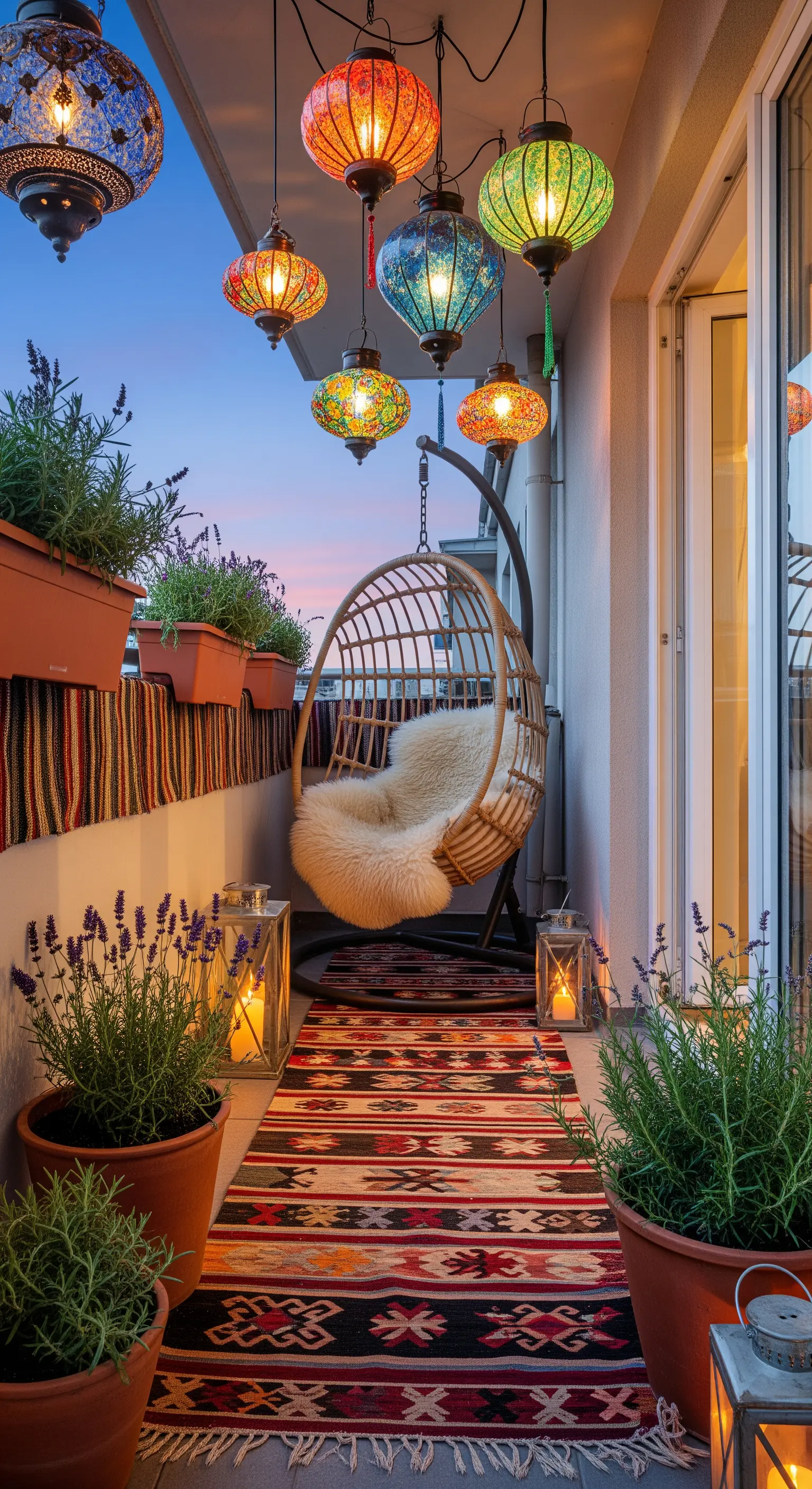 Balcone stretto con poltrona sospesa, lanterne colorate in vetro e un kilim a terra.
