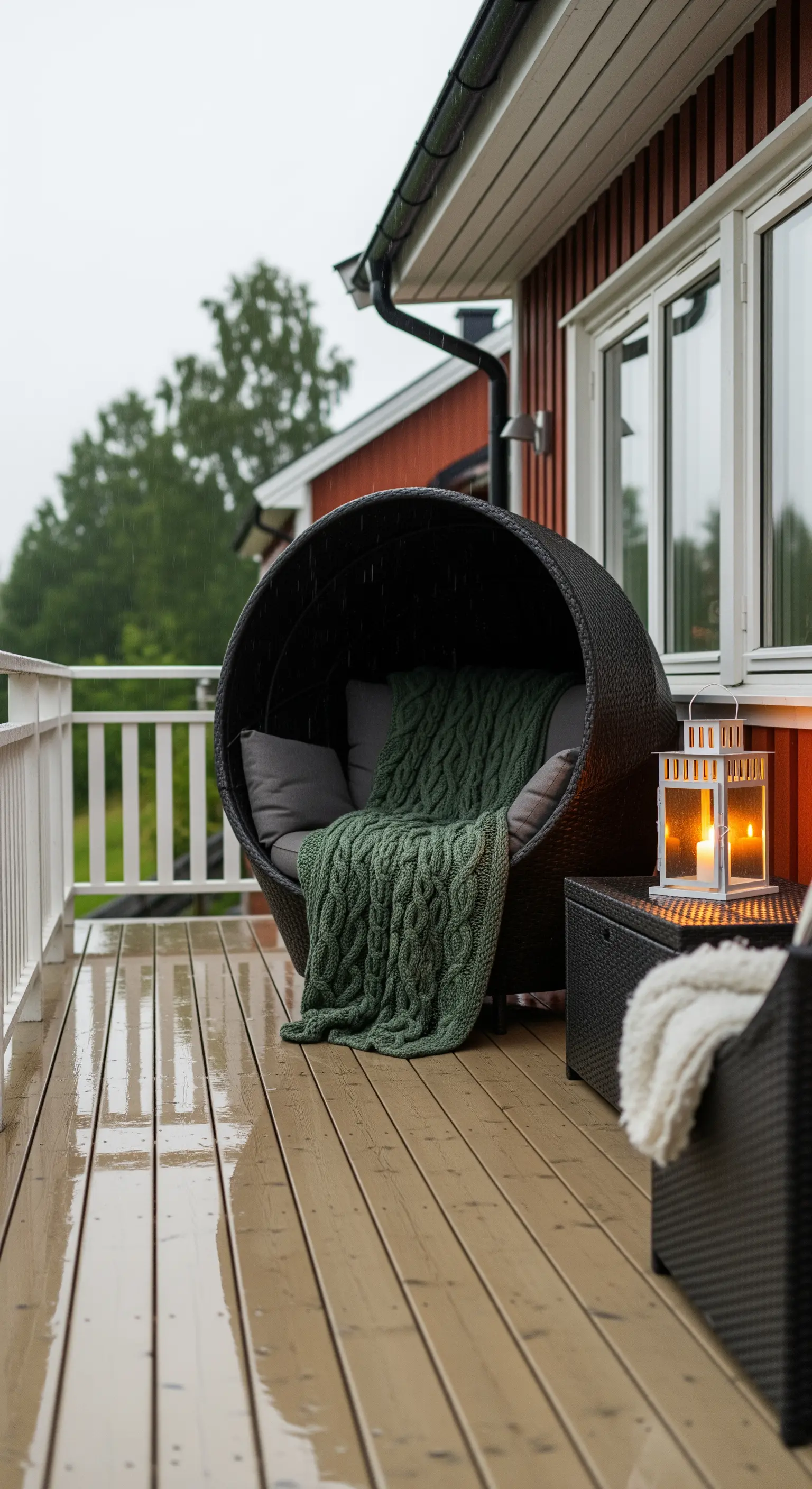Poltrona a pozzetto scura su una veranda bagnata, con un plaid verde a trecce
