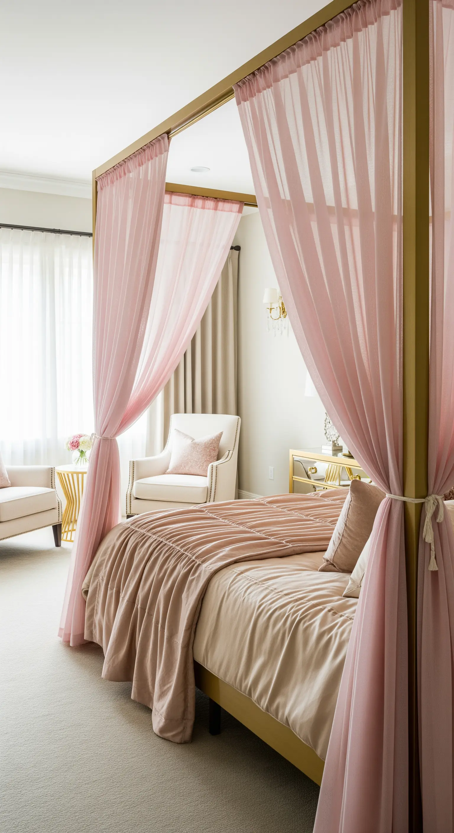 Letto a baldacchino dorato con tende rosa semitrasparenti in una camera luminosa.