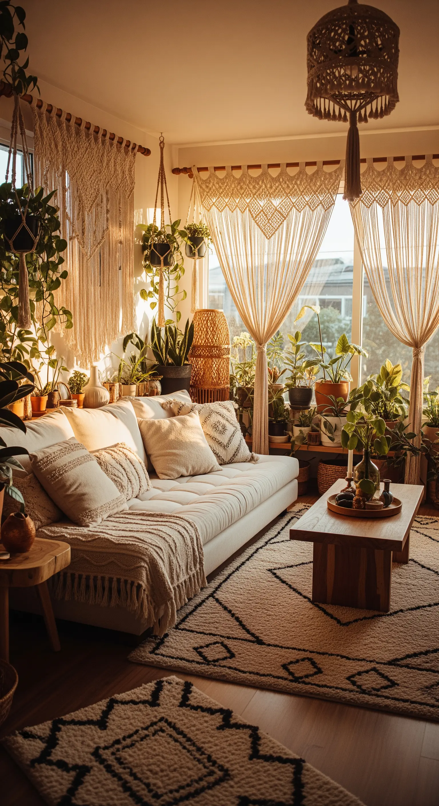 Salotto boho con divano bianco, tende in macramè, tappeto etnico e molte piante.