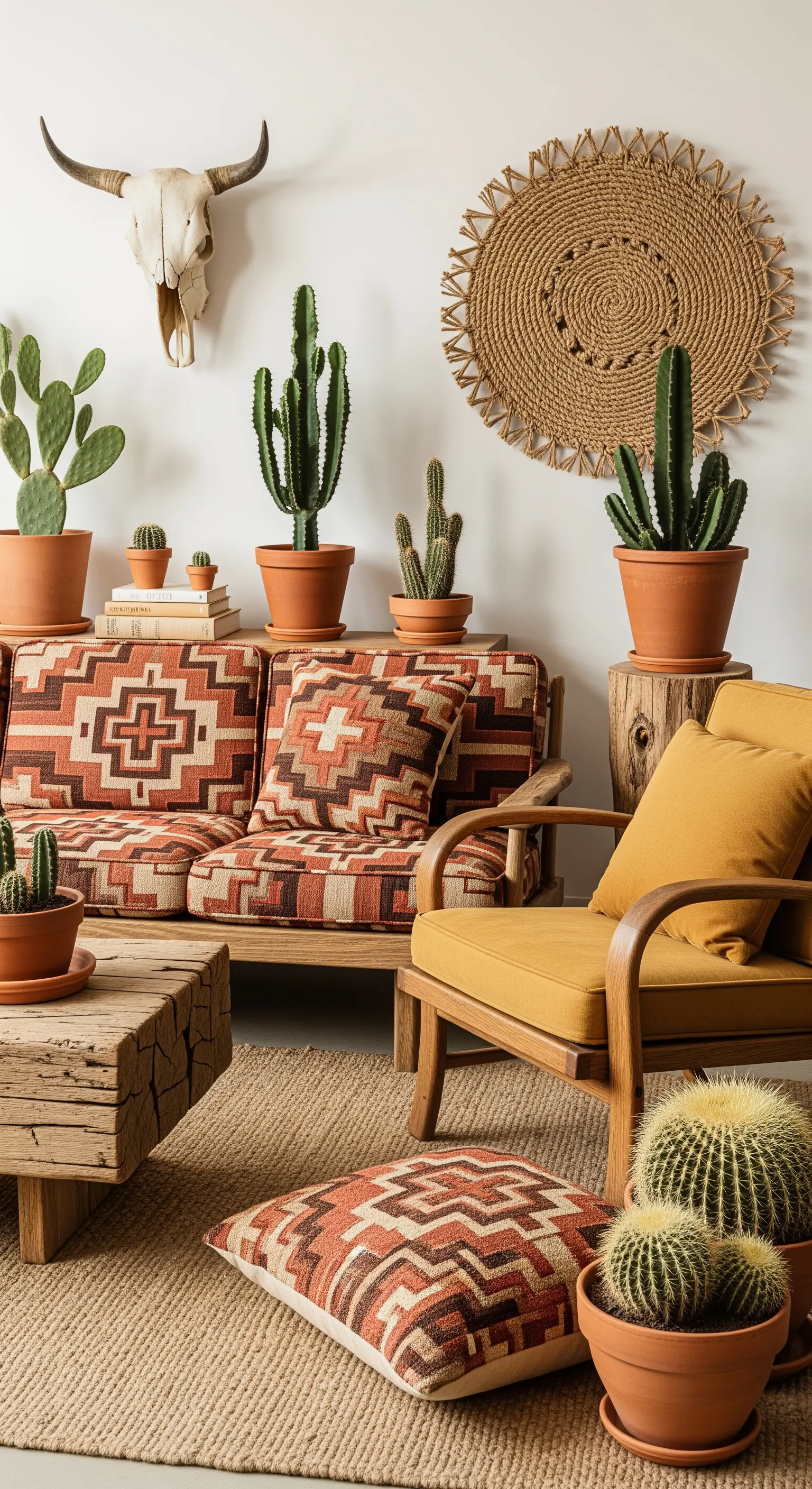 Salotto in stile Southwestern con divano a motivi etnici, poltrona senape e tanti cactus.