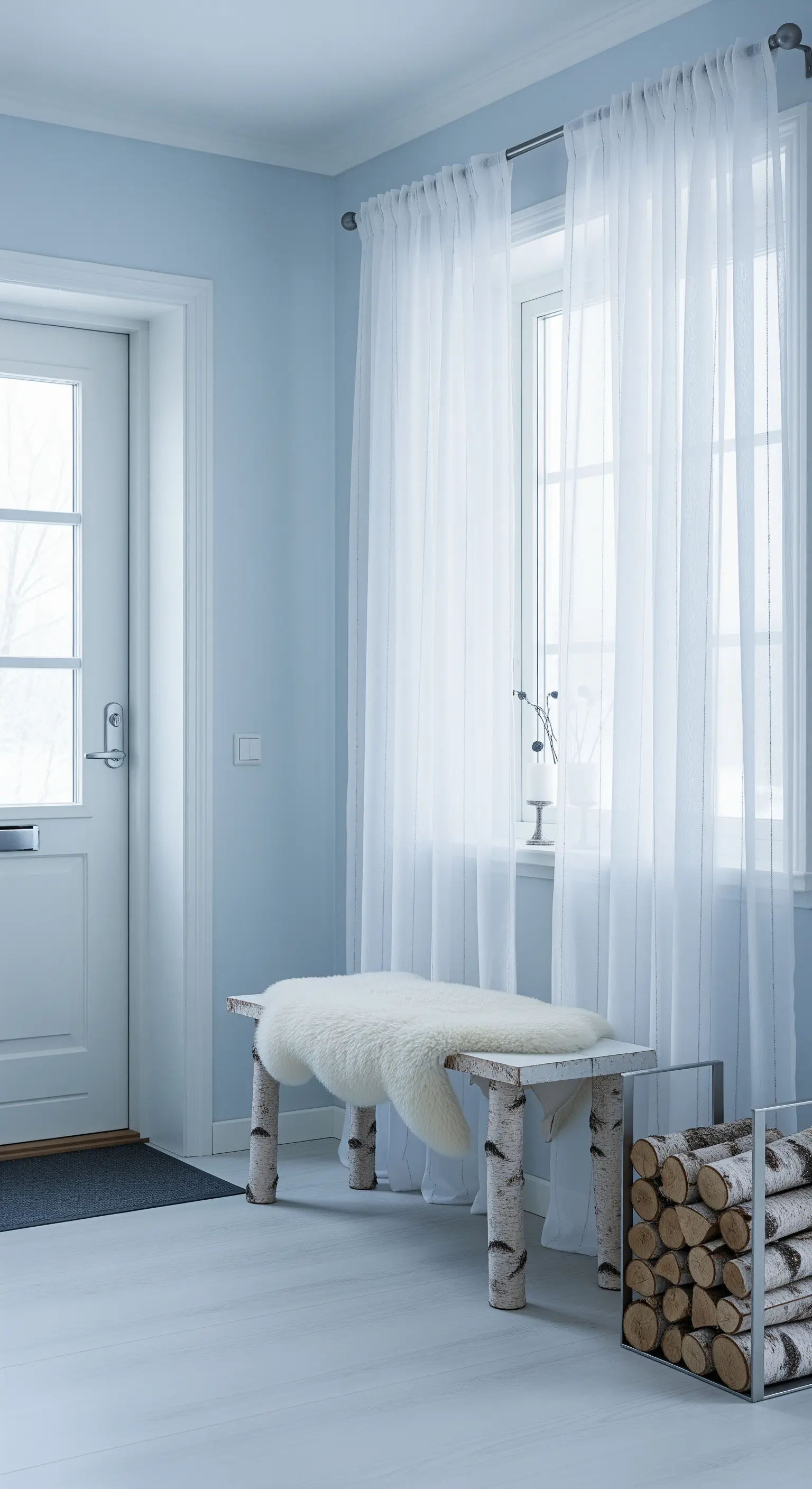 Ingresso scandinavo con pareti azzurre, panca in legno di betulla e tende bianche trasparenti.