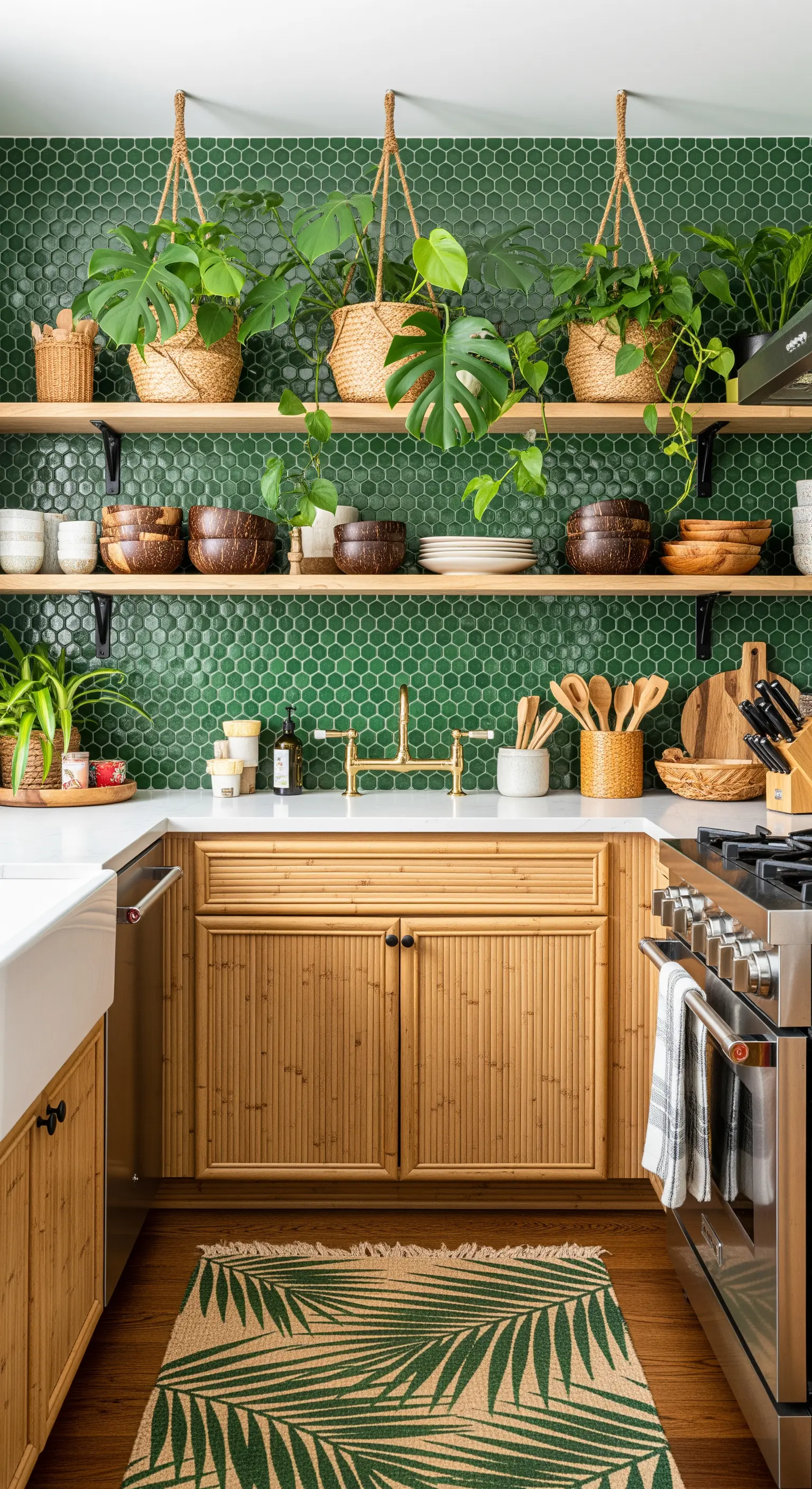 Cucina con paraschizzi di piastrelle esagonali verdi, mobili in bambù e tappeto a tema foglia.