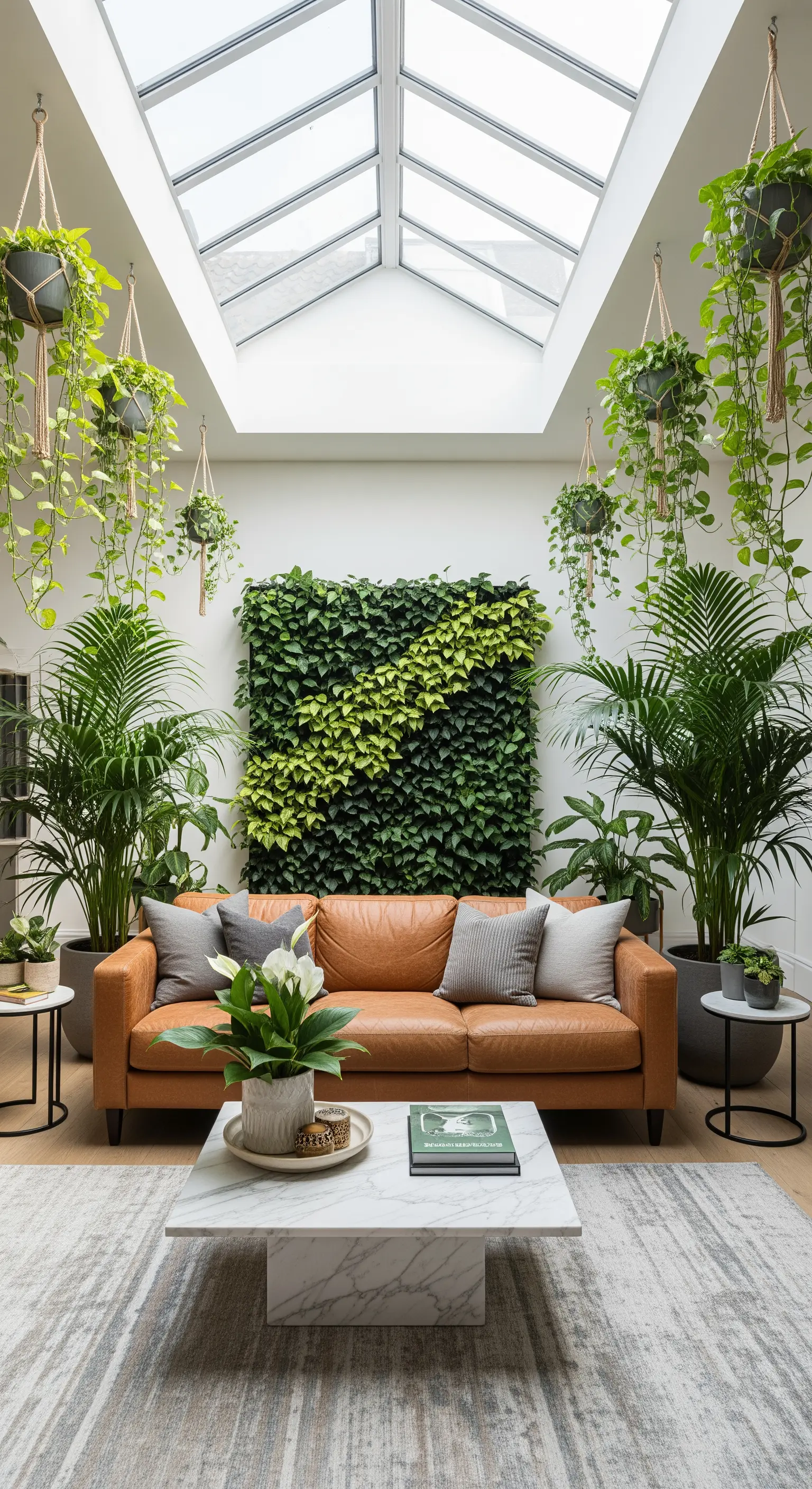 Salotto luminoso con parete verde verticale, piante pensili e un divano in pelle cognac.