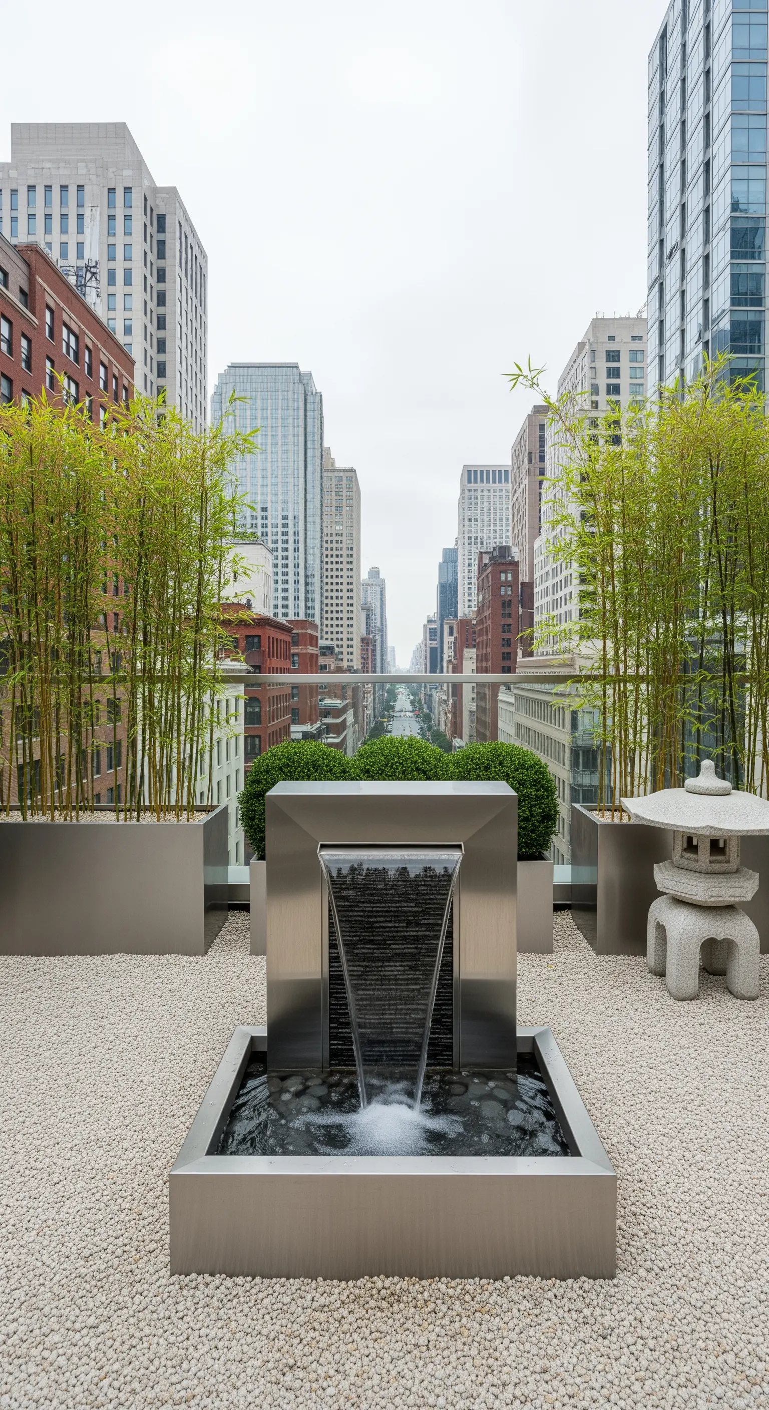 Terrazza panoramica urbana trasformata in giardino zen con fontana e bambù.