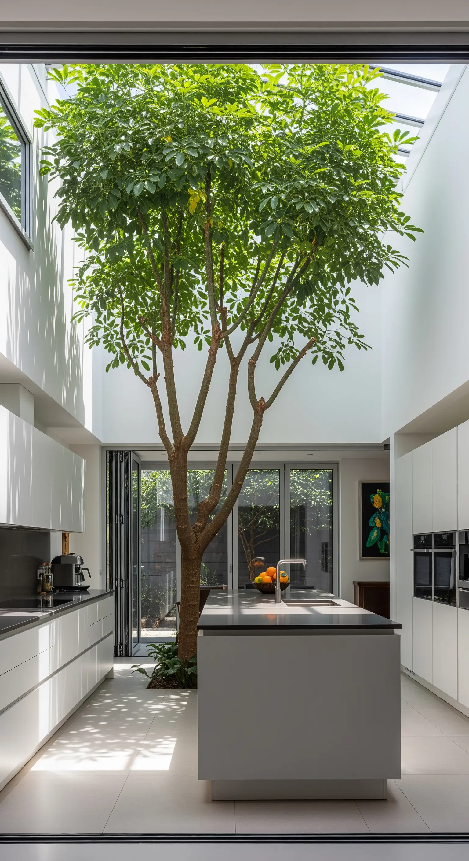 Un albero vero cresce al centro di una cucina moderna con un lucernario a tutta altezza.