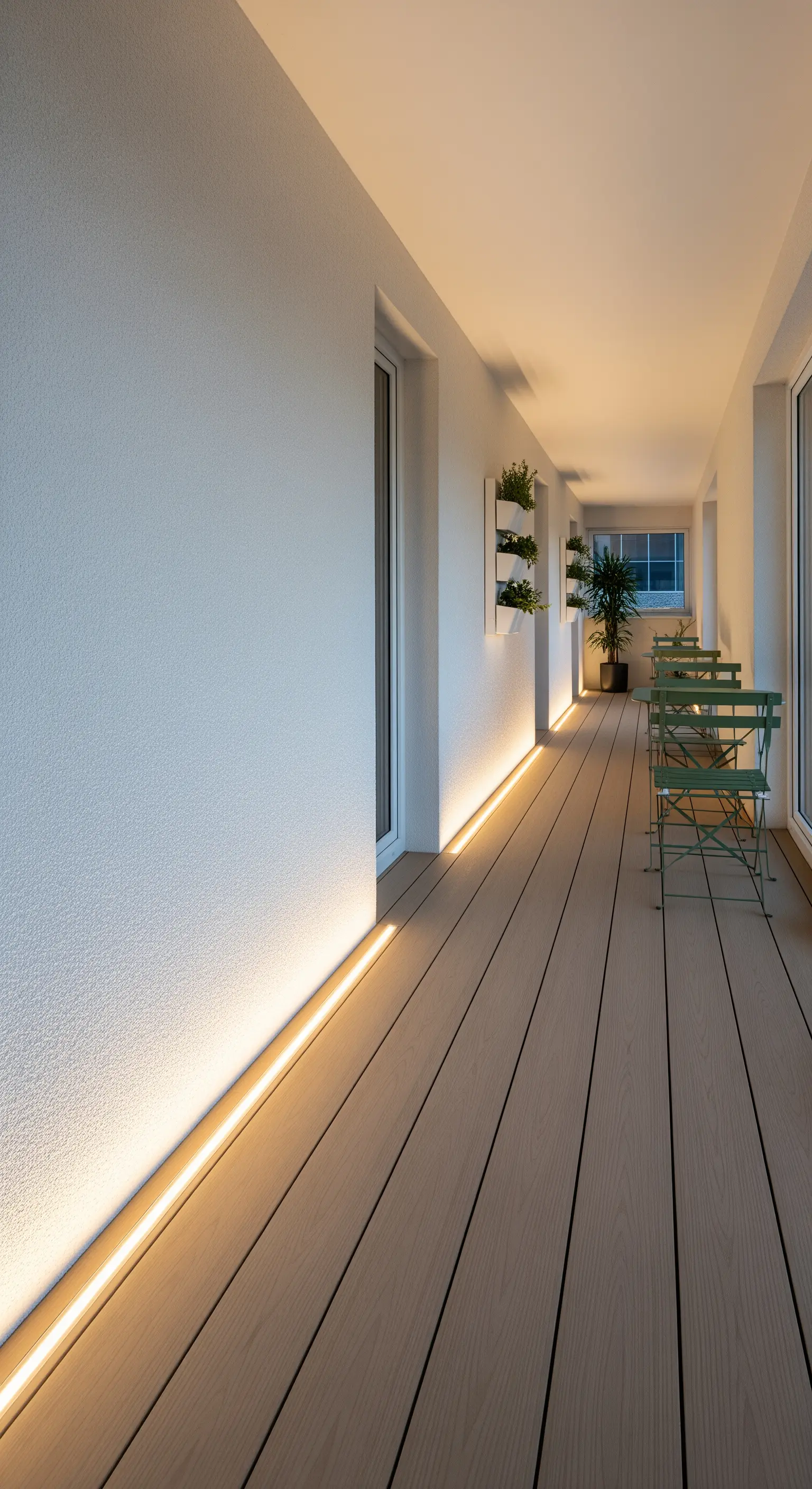 Balcone stretto con pavimento in legno chiaro e illuminazione LED radente alla base del muro