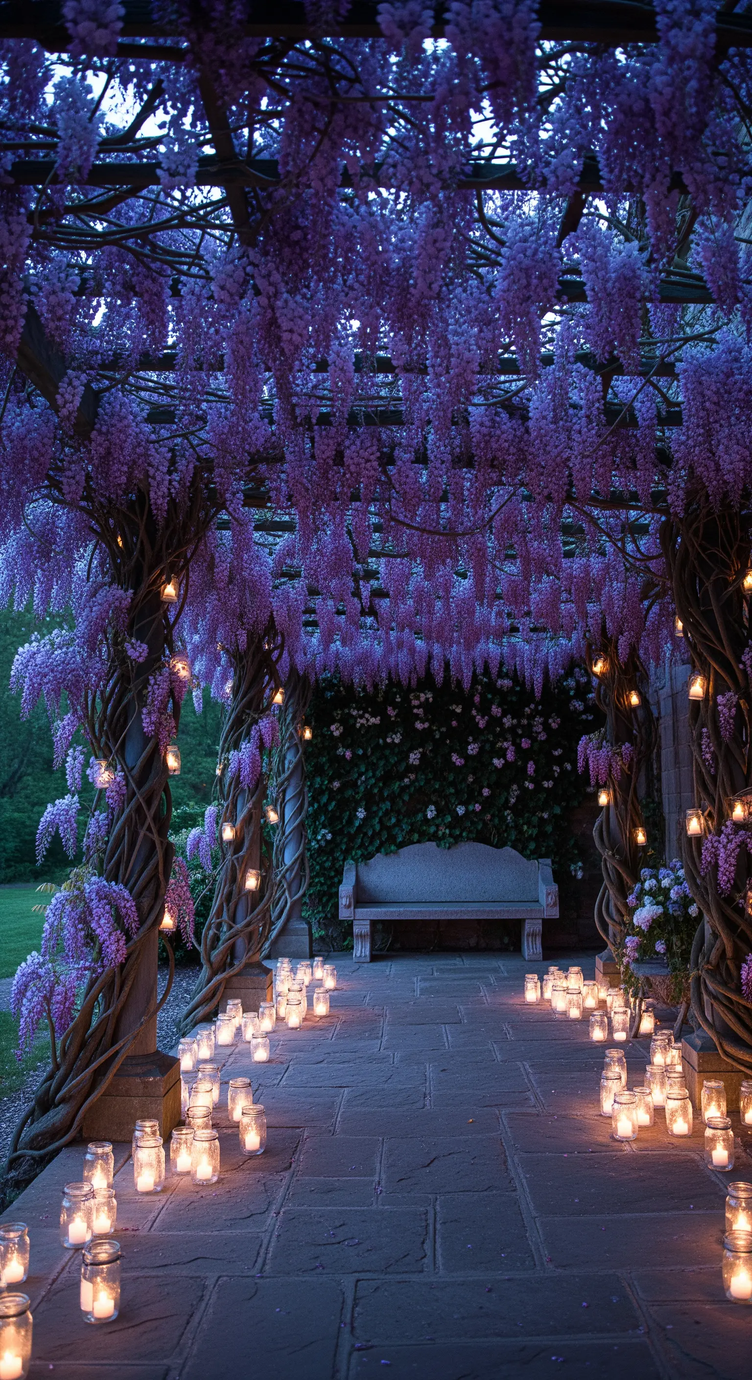 Percorso sotto un pergolato di glicine illuminato da fili di luci e decine di candele a terra