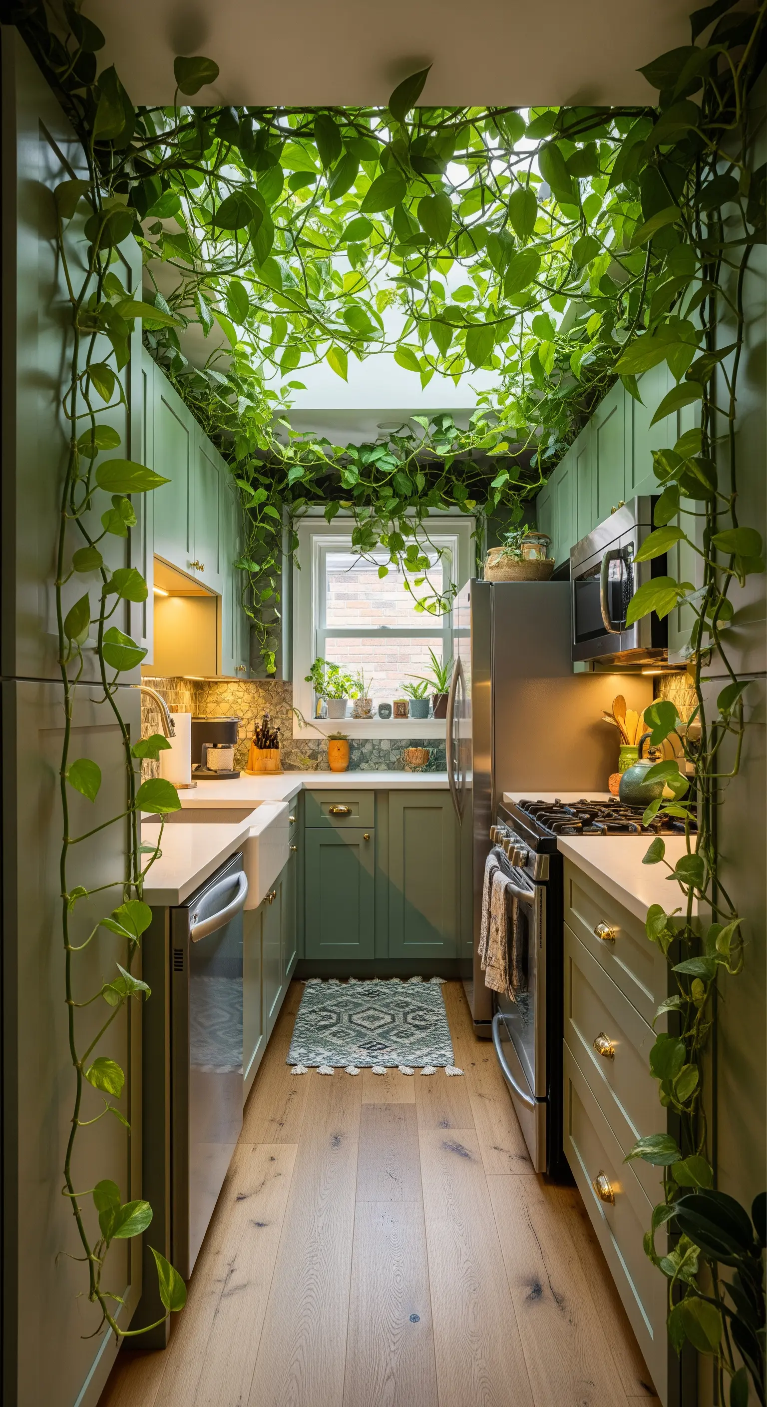 Pothos rampicante che copre il soffitto di una piccola cucina verde salvia.