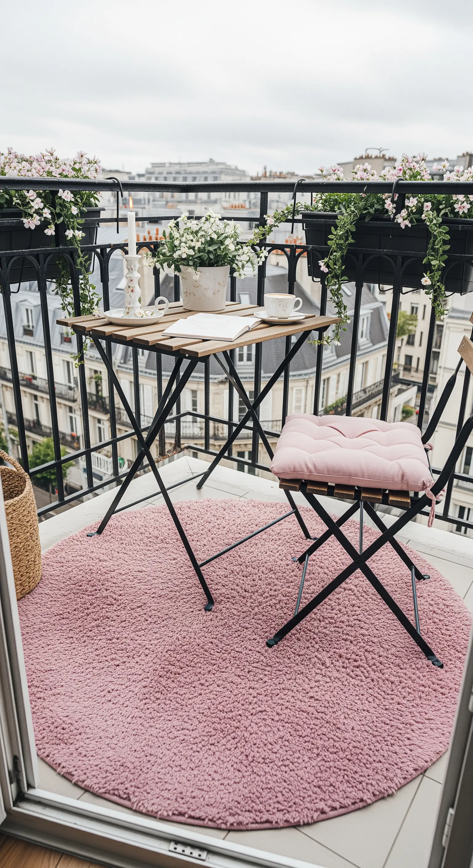 Balcone parigino con tavolino da bistrò, sedia pieghevole e un tappeto rotondo rosa.