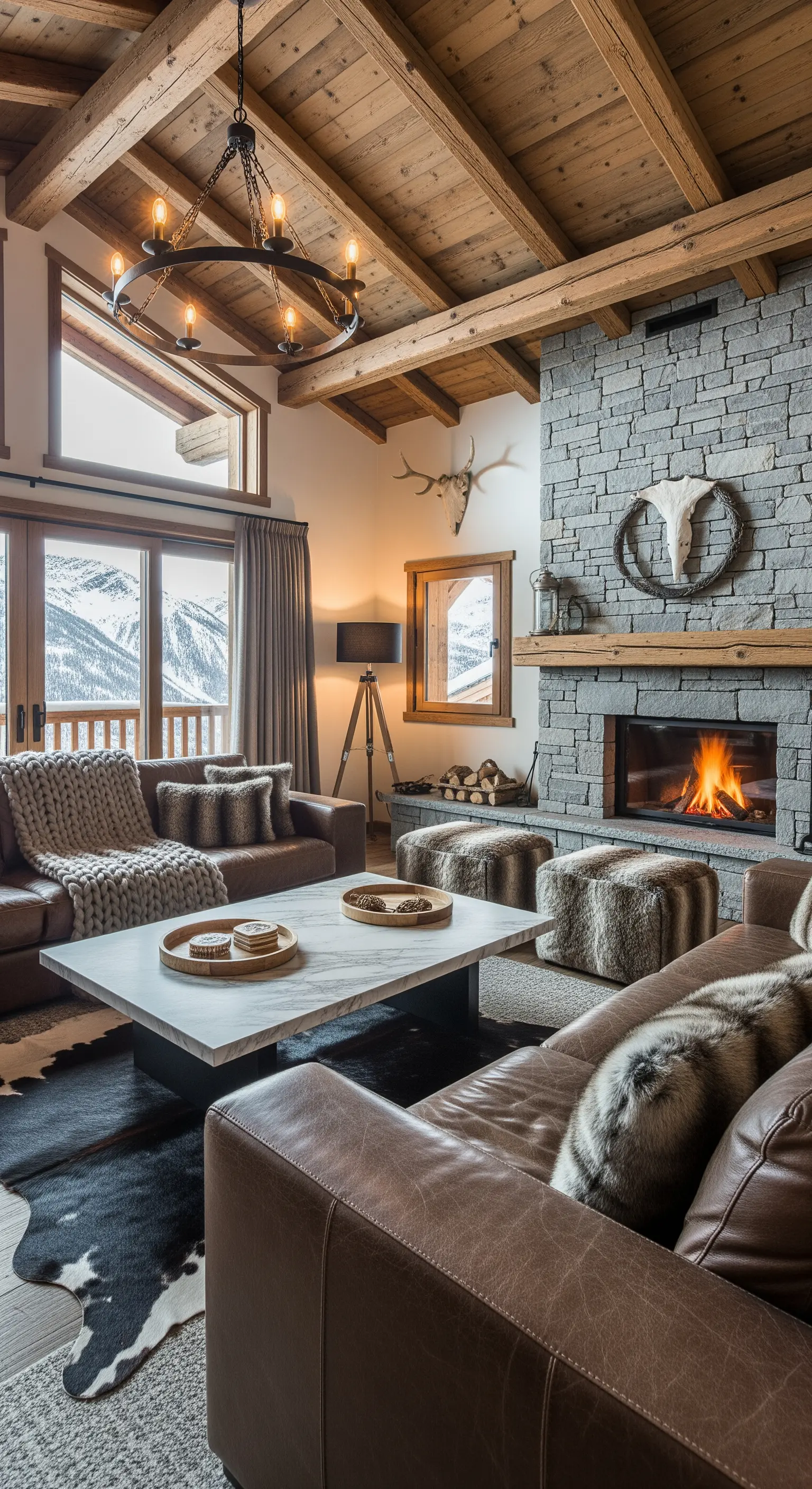 Chalet di montagna con divano in pelle, camino in pietra e soffitto con travi a vista.