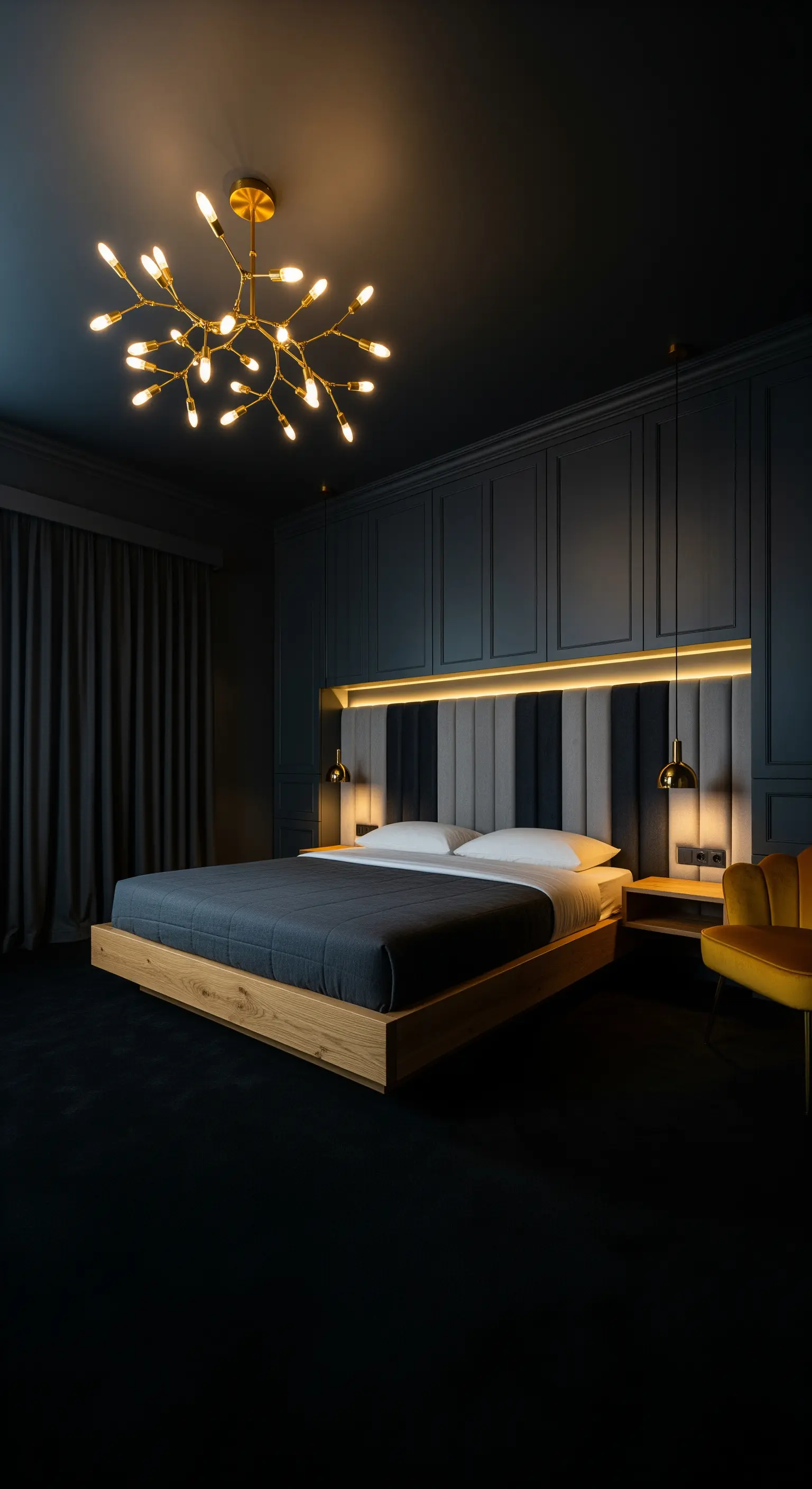 Camera da letto scura e suggestiva con illuminazione d'accento e un lampadario dorato moderno.