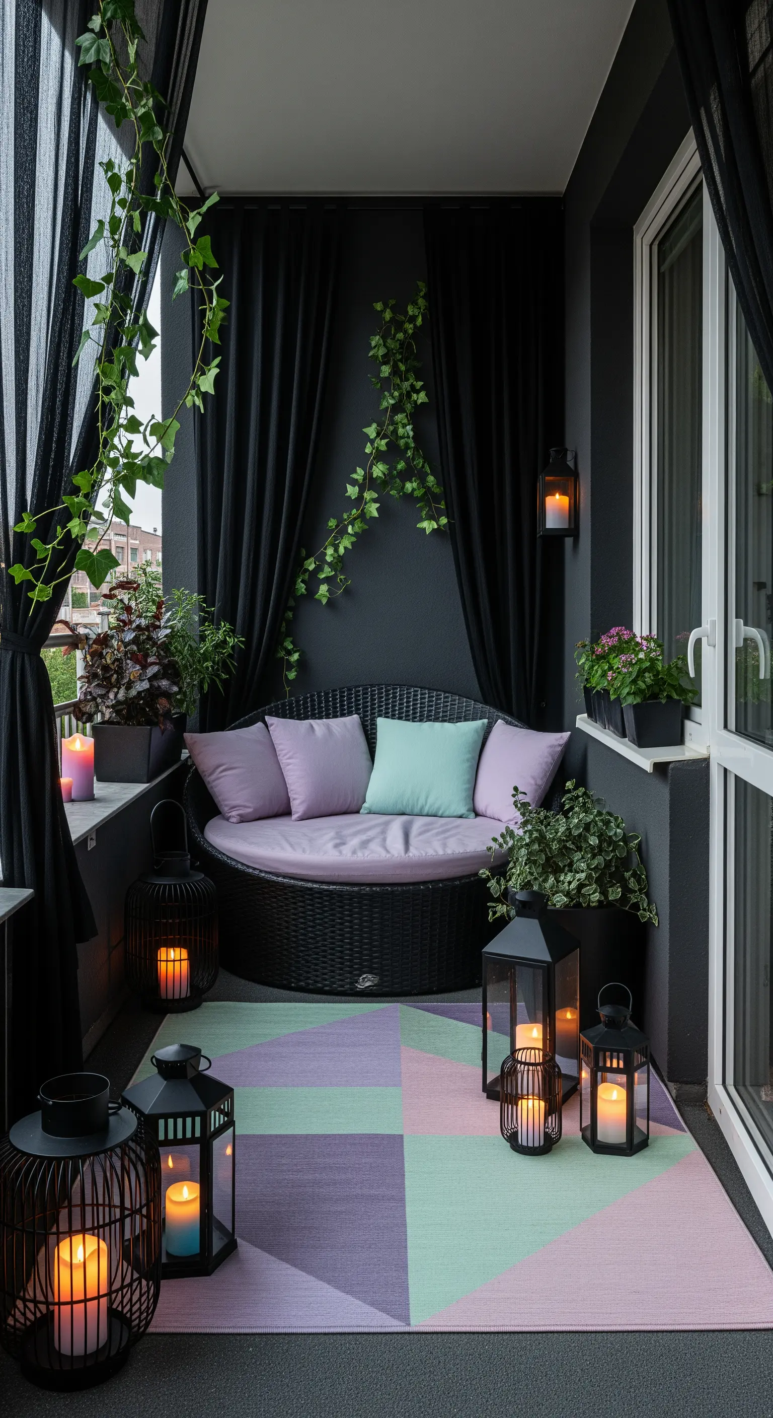 Balcone raccolto con pareti scure, tende nere, un divanetto rotondo e lanterne accese.