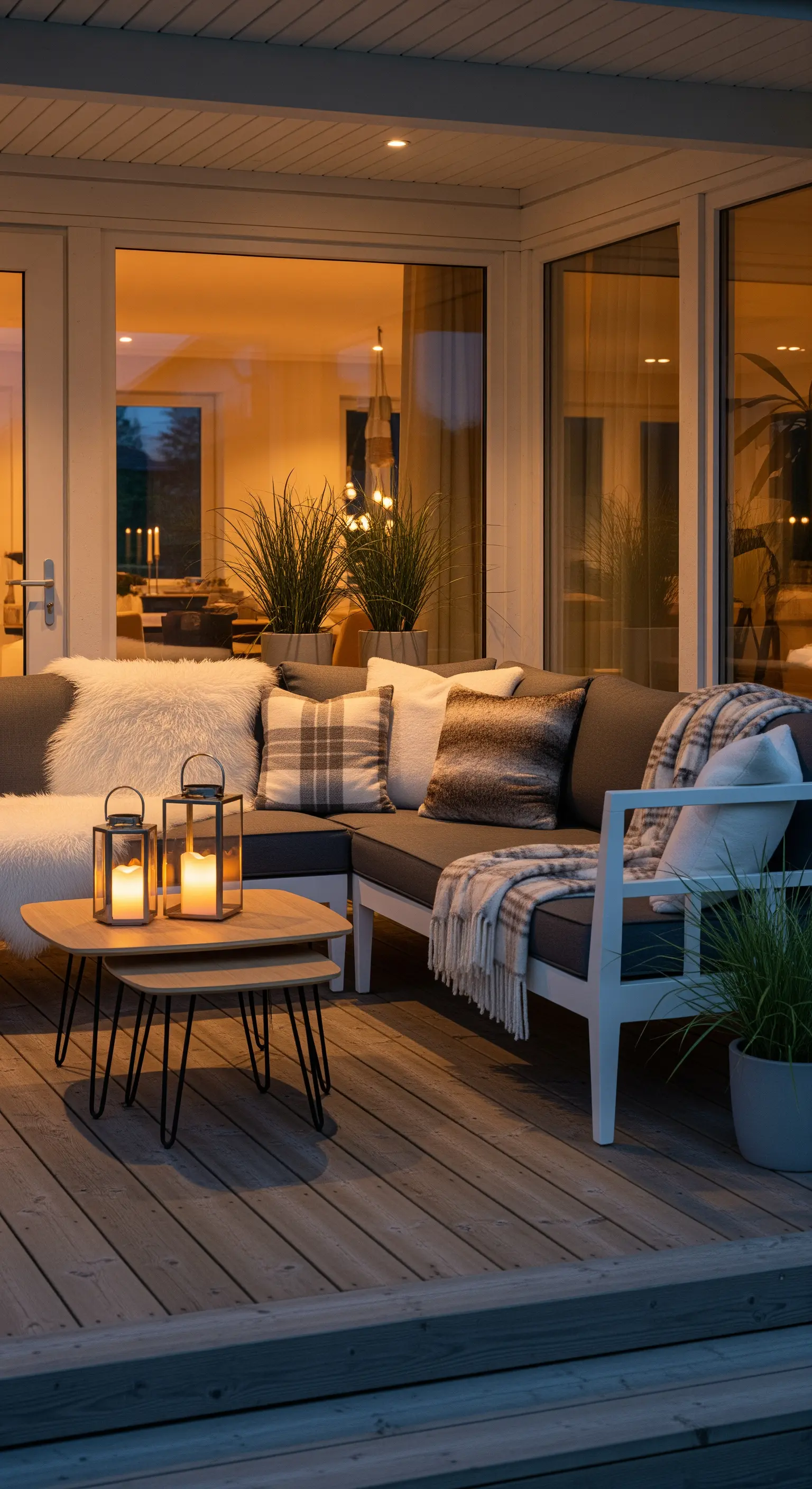 Veranda illuminata di sera con divano angolare grigio, lanterne accese e cuscini a quadri
