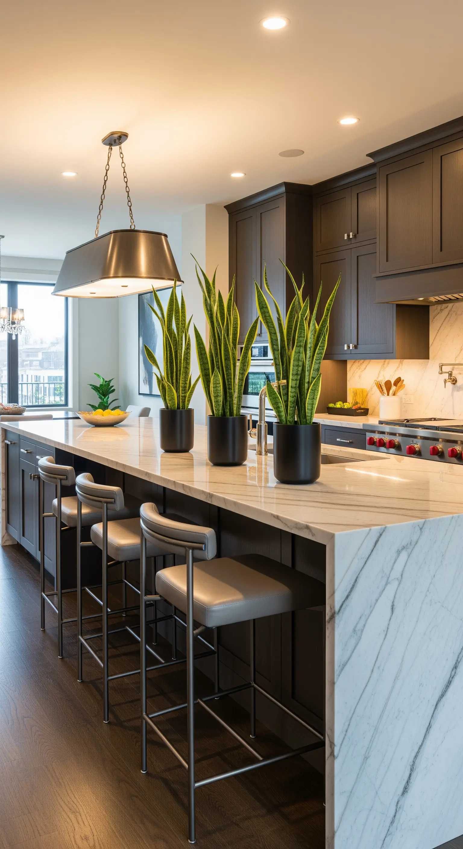 Tre piante di Sansevieria in vasi neri allineate su un'isola di marmo in una cucina moderna.