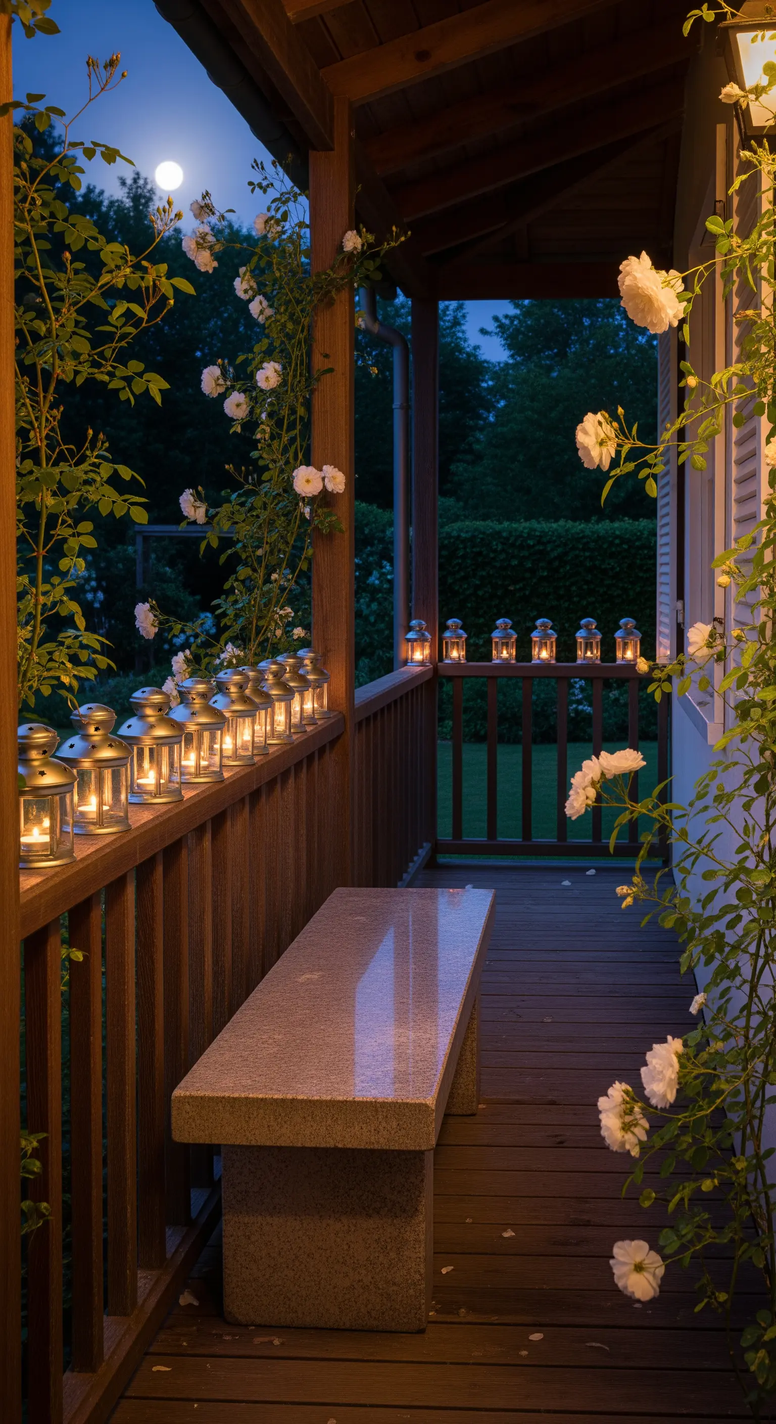 Panca in granito su un portico in legno, con una fila di piccole lanterne accese sulla ringhiera