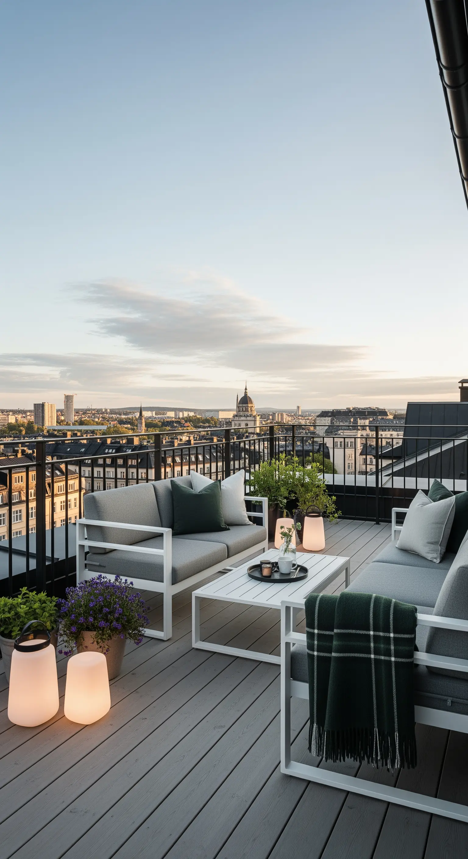 Terrazza panoramica con divani bianchi, cuscini grigi e verdi e lampade a LED portatili
