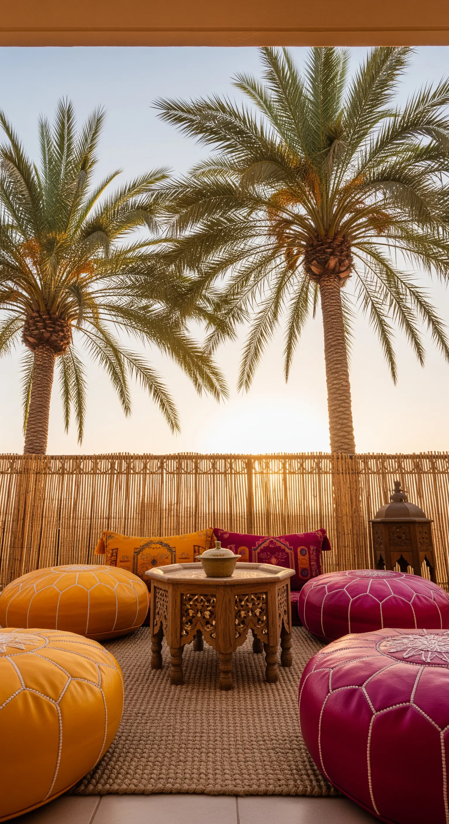 Terrazza al tramonto con pouf colorati, tavolino intagliato e grandi palme.