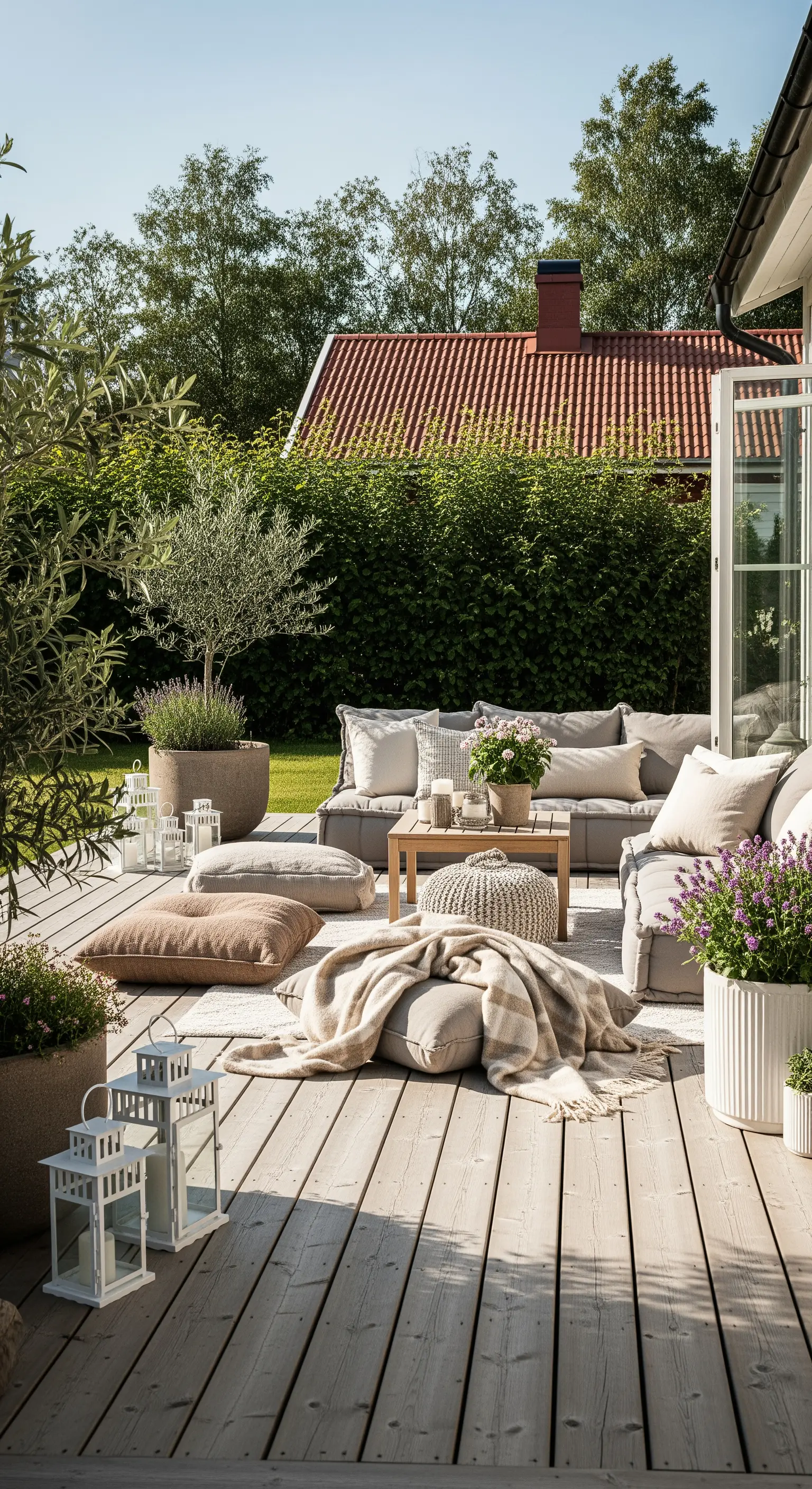 Terrazza in legno con divani bassi, cuscini da terra e grandi vasi di piante