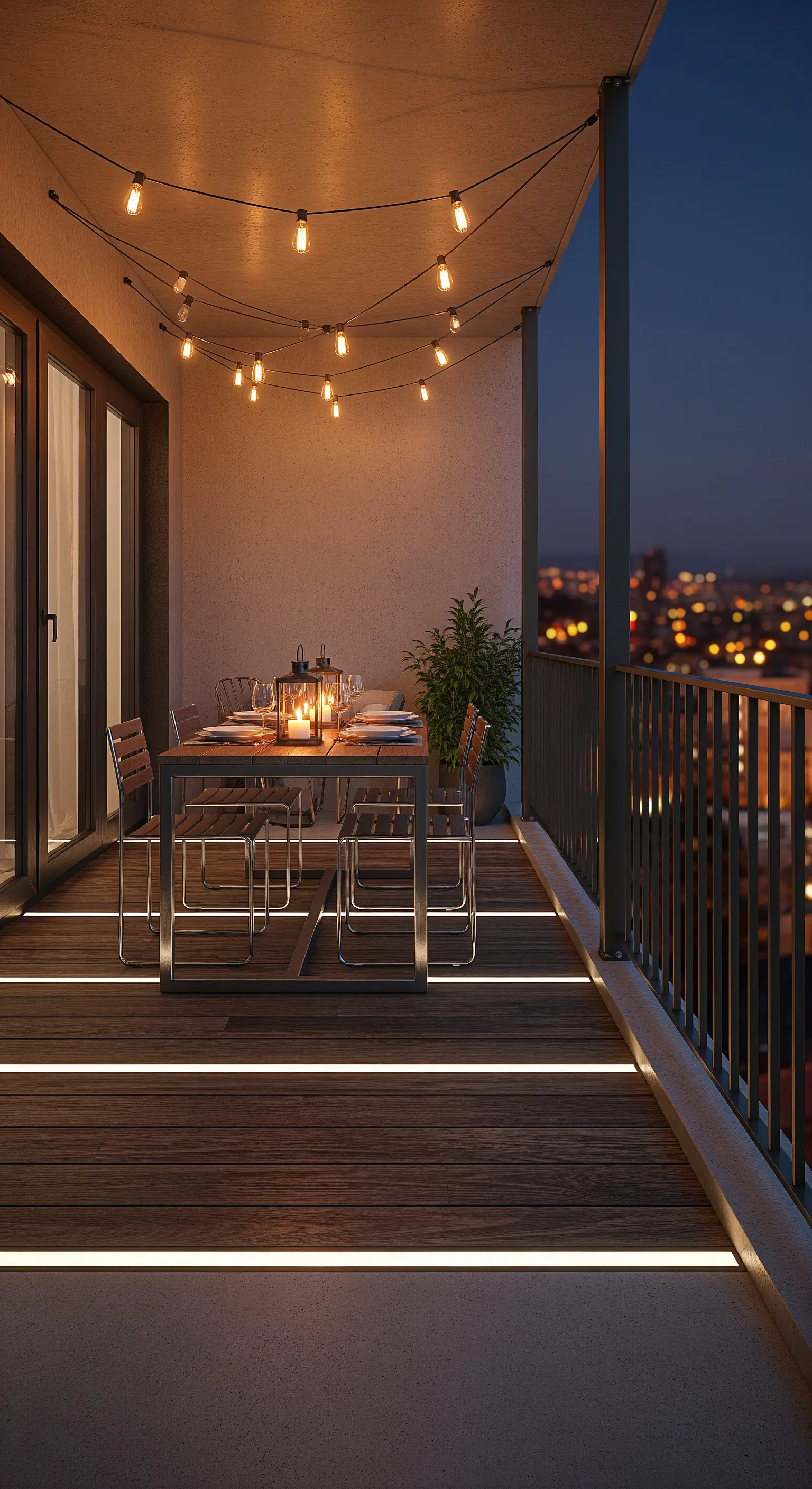 Balcone con tavolo da pranzo, catenarie di luci e strisce LED nel pavimento in legno