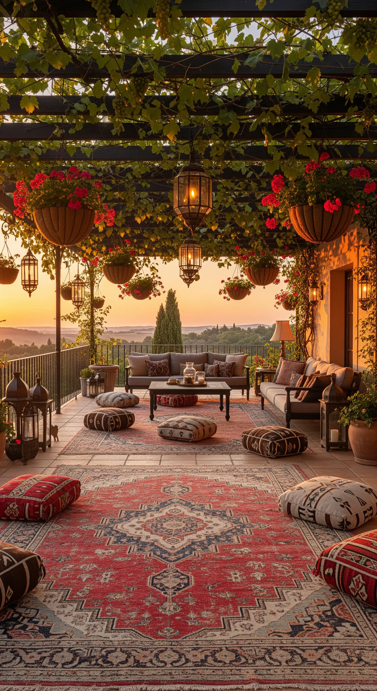 Terrazza panoramica al tramonto con pergola, divani bassi, tappeti e lanterne marocchine.