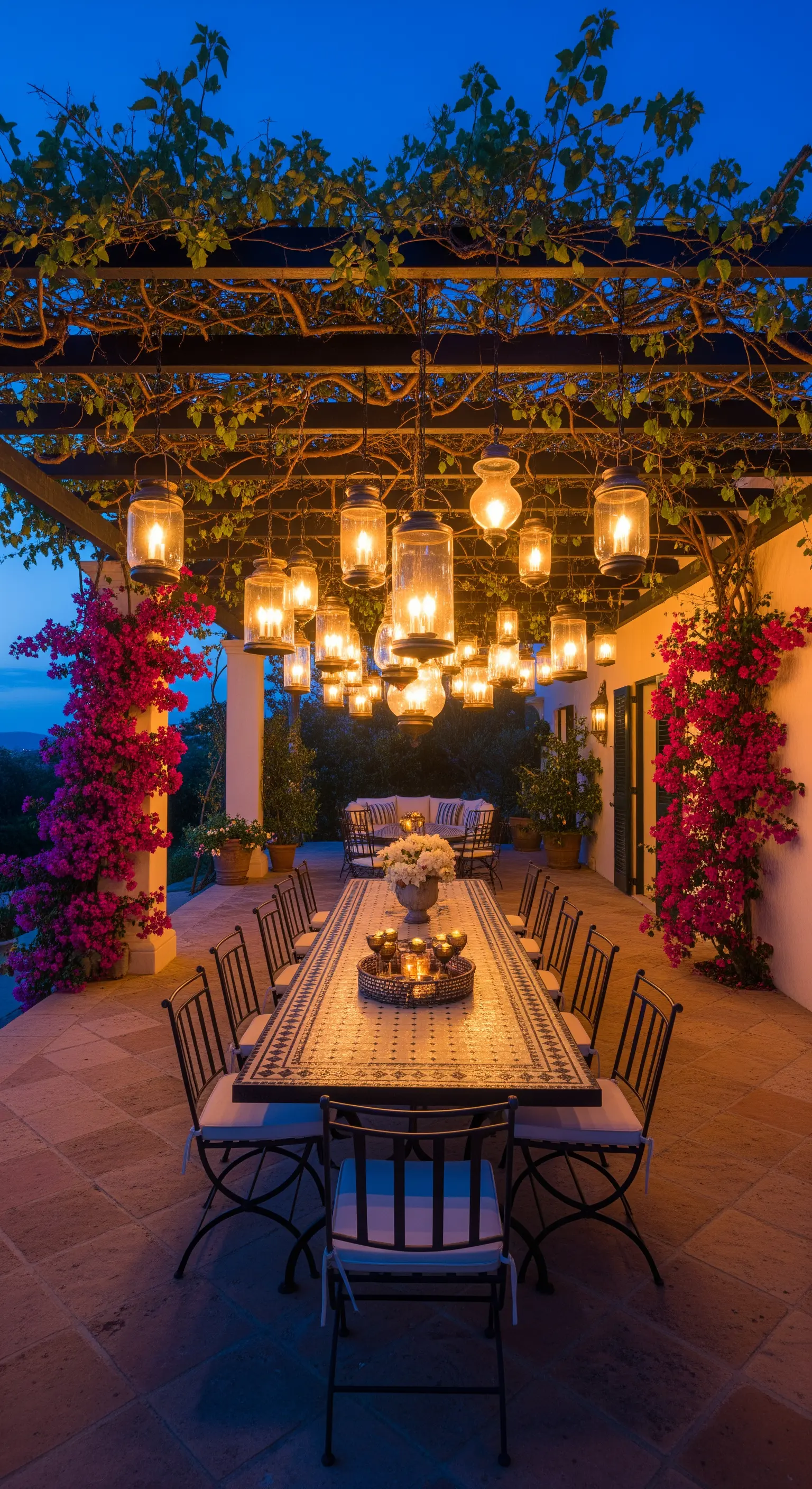 Lunga tavolata sotto un pergolato illuminato da decine di lanterne sospese di notte