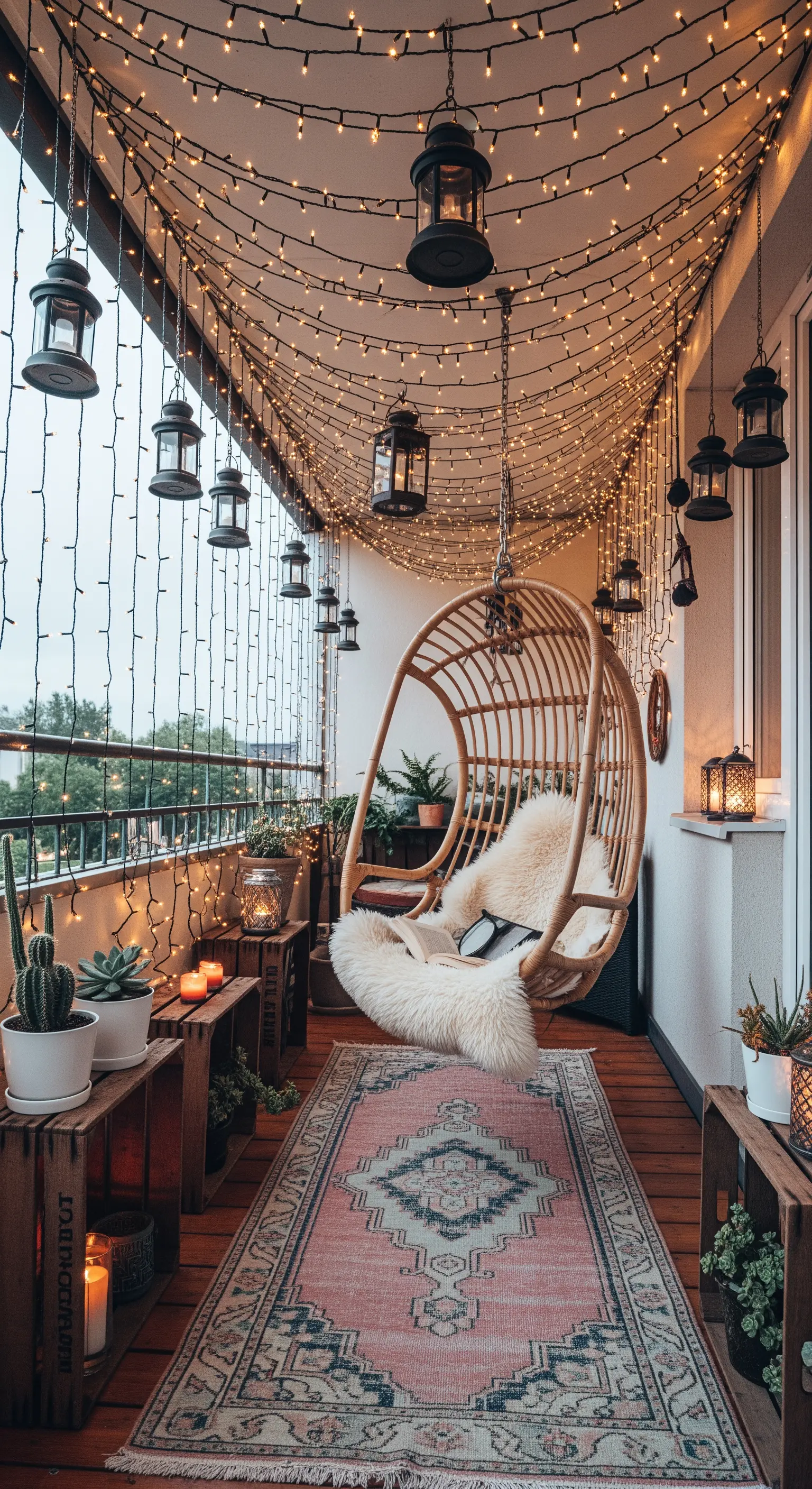 Balcone con poltrona sospesa, un soffitto coperto di lucine e lanterne nere appese.