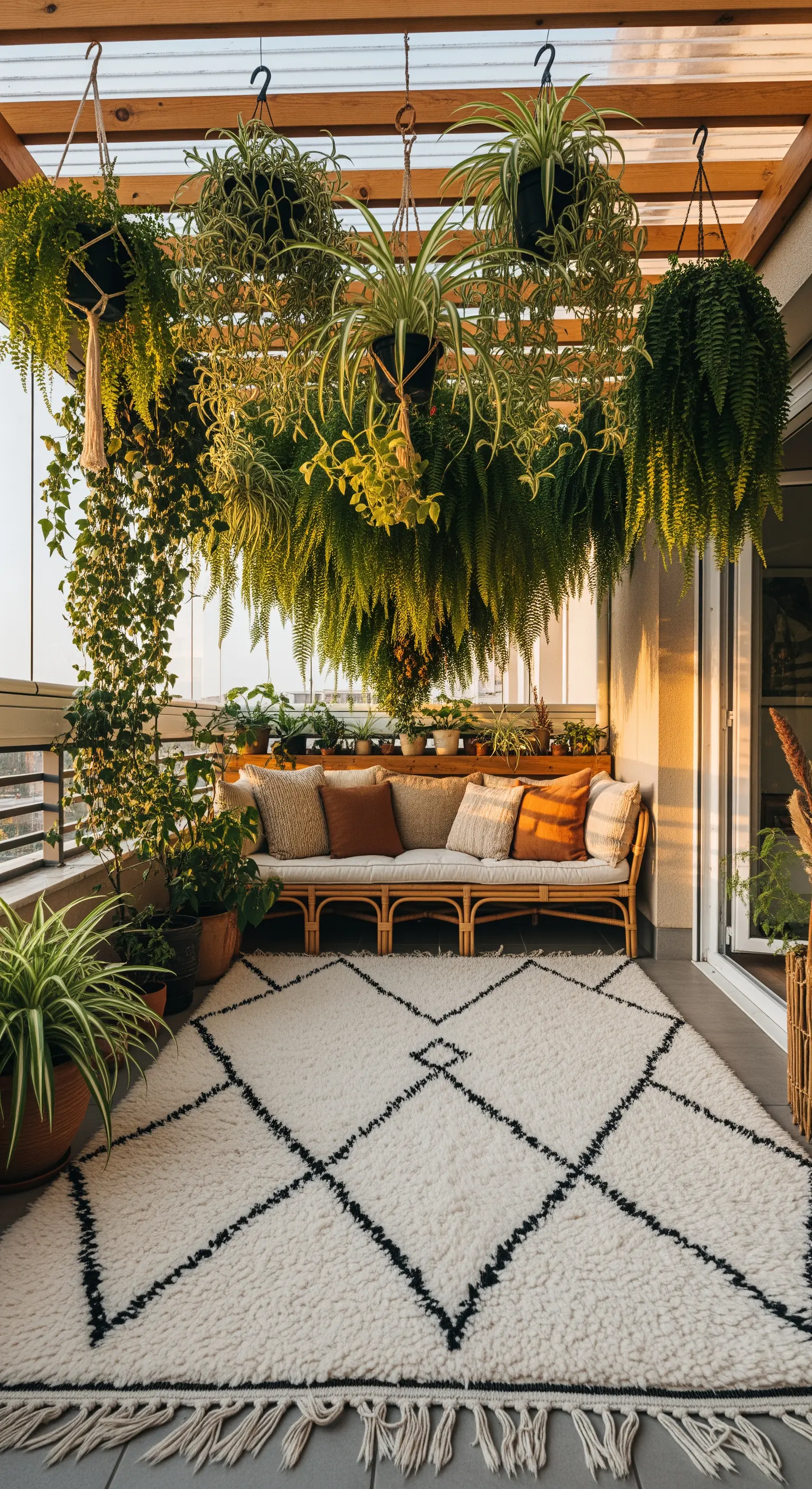 Oasi urbana con divano in rattan, tappeto Beni Ourain e un soffitto di piante sospese.