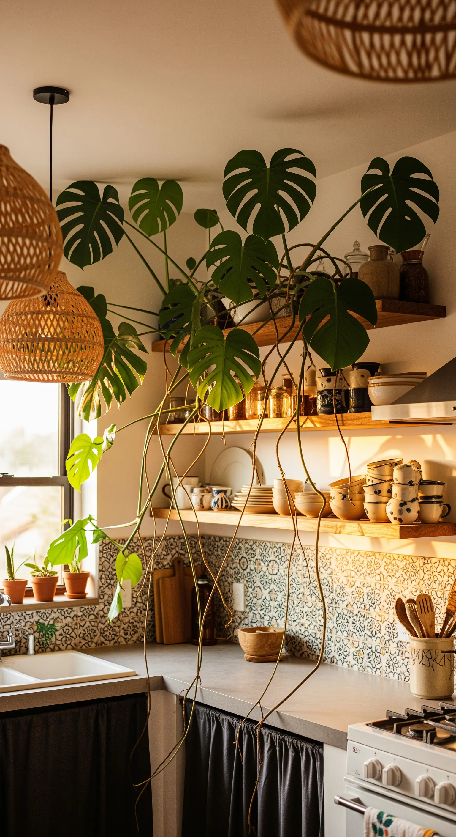 Monstera rampicante su mensole in legno in una cucina boho con piastrelle decorate.