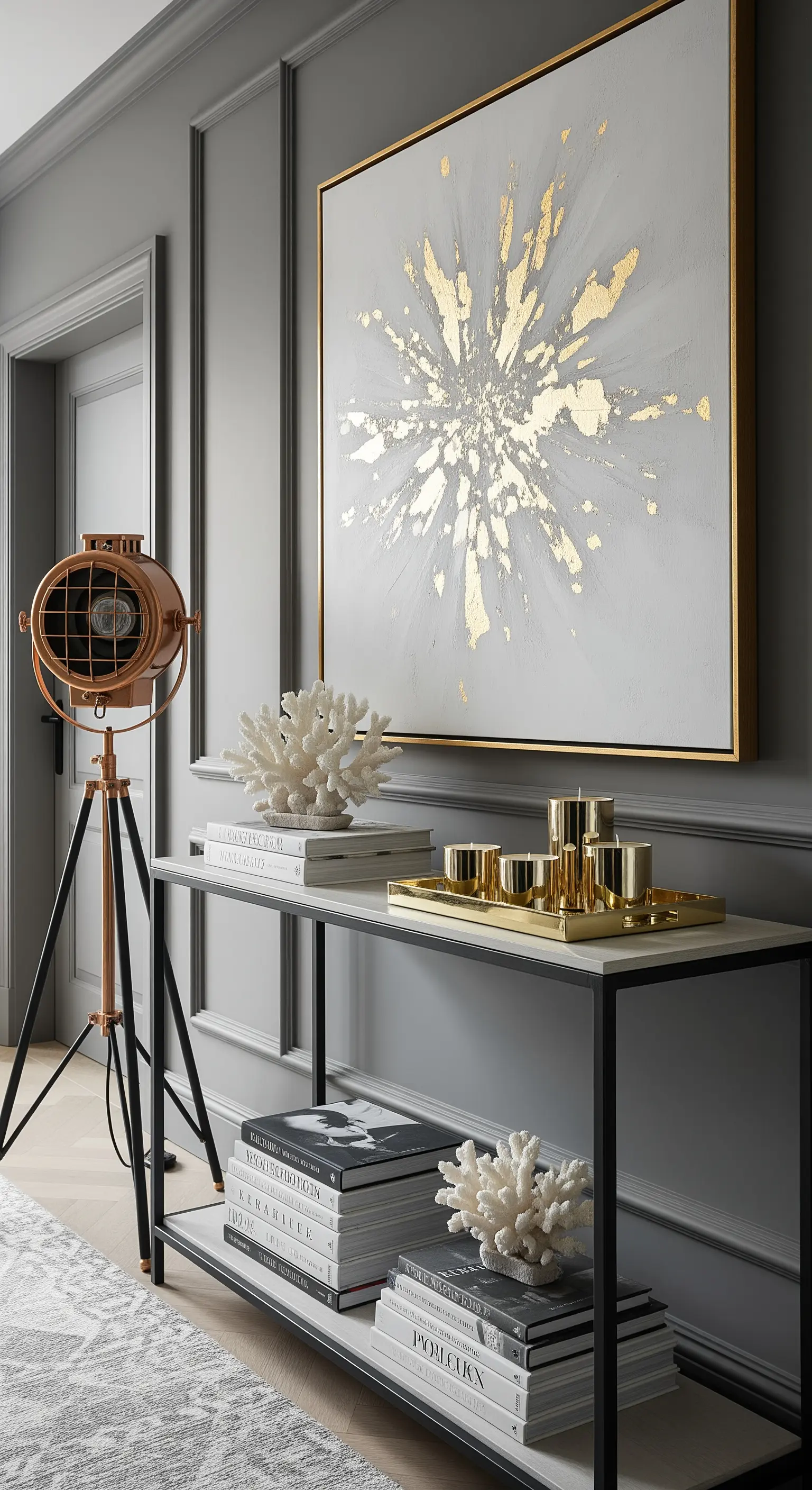 Consolle con quadro astratto dorato, vassoio in ottone e una lampada da terra a treppiede in rame.