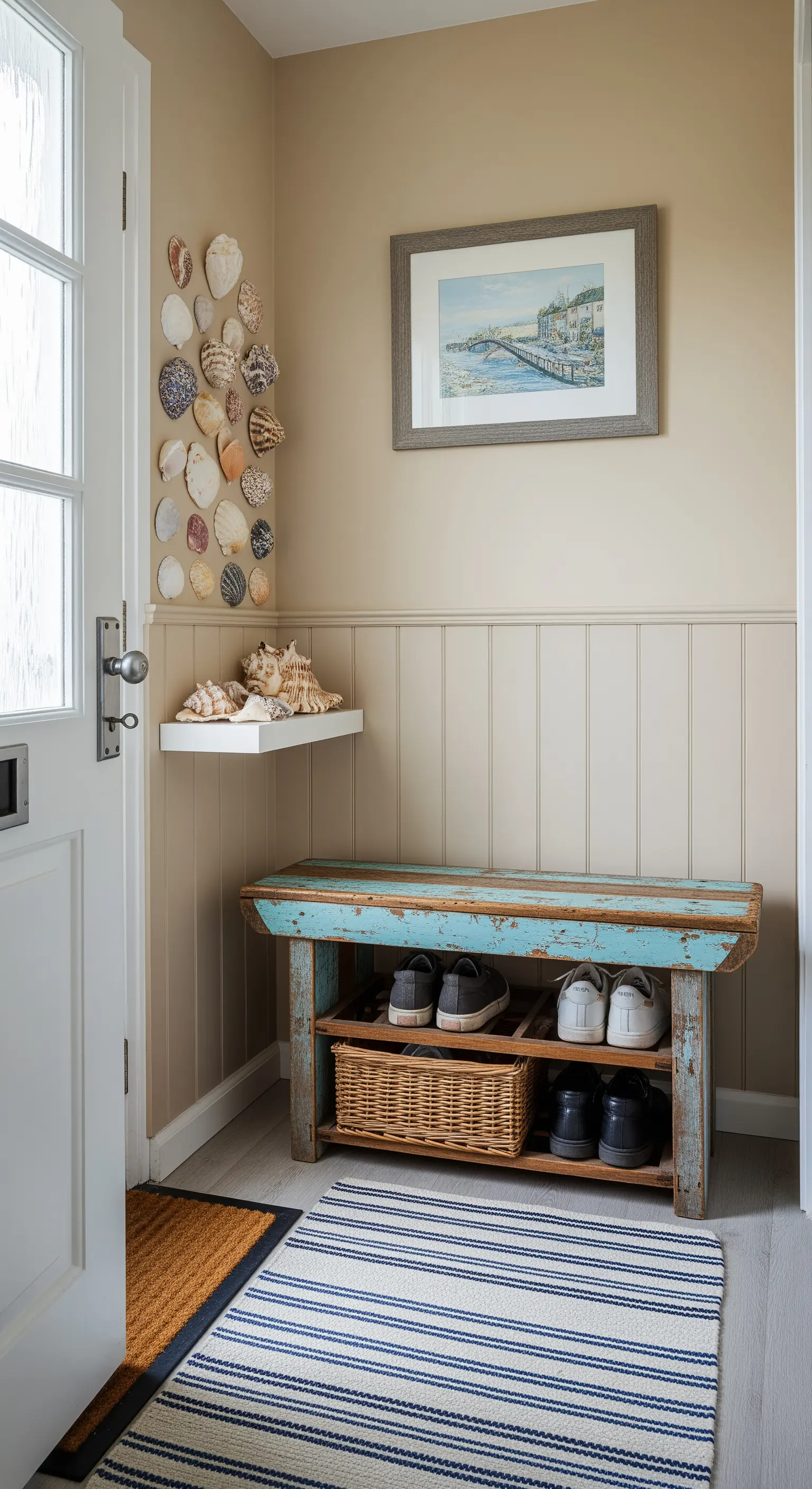 Piccolo ingresso con panca in legno turchese e collezione di conchiglie appese alla parete.