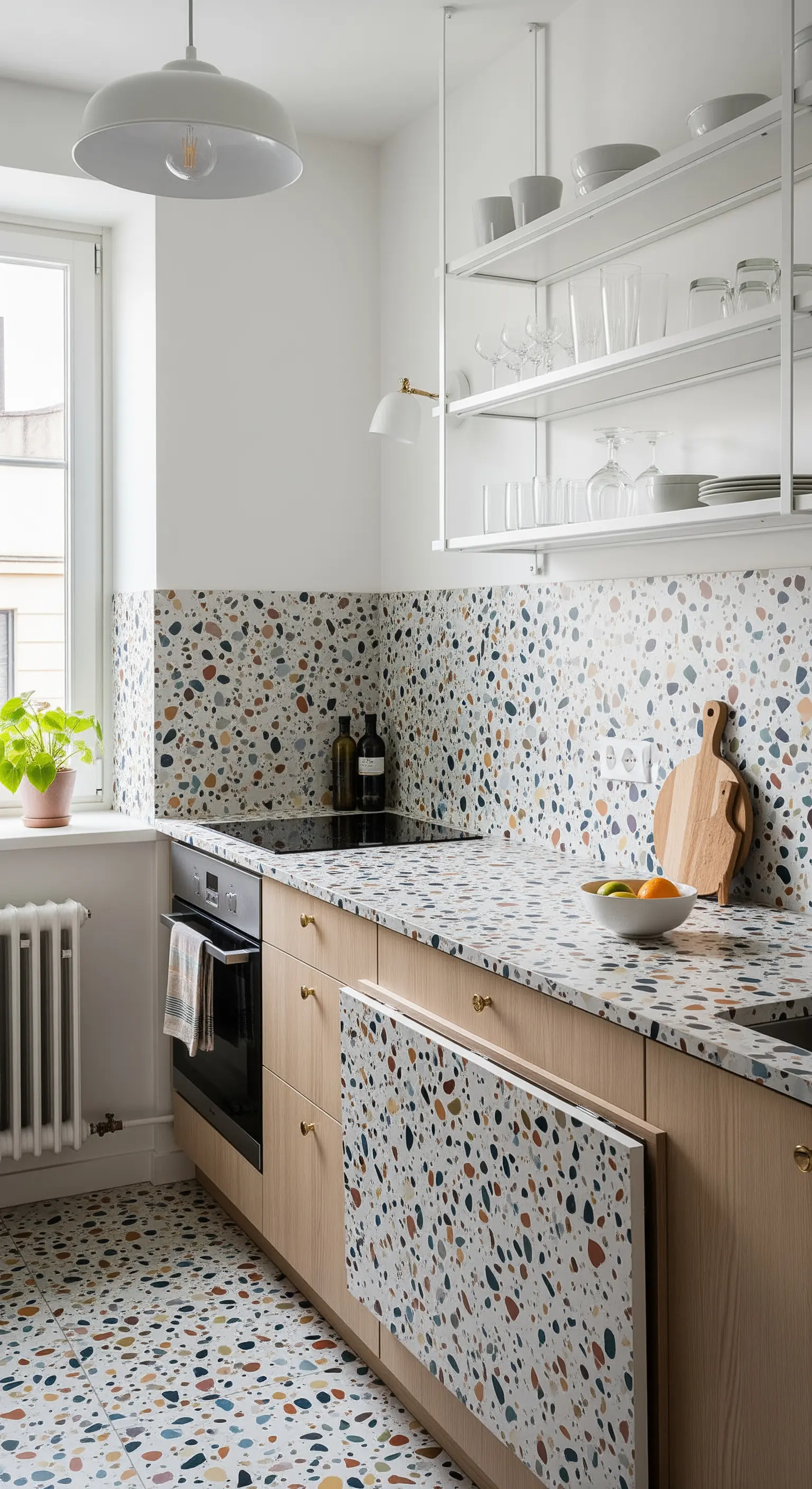 Cucina con pavimento, piano di lavoro e tavolo a ribalta rivestiti in terrazzo multicolore.