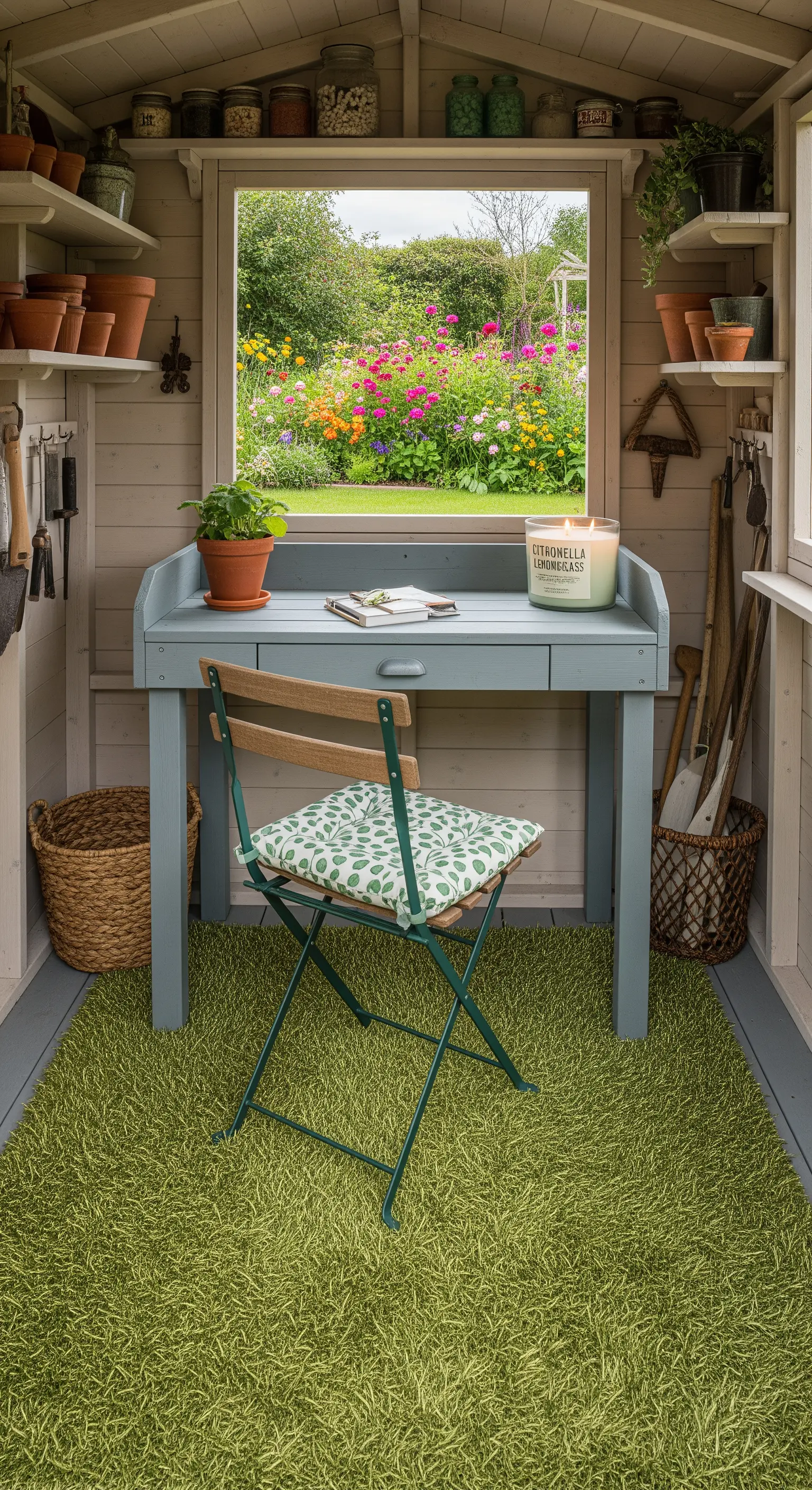 Scrivania all'interno di un capanno da giardino, con un tappeto verde che sembra erba.