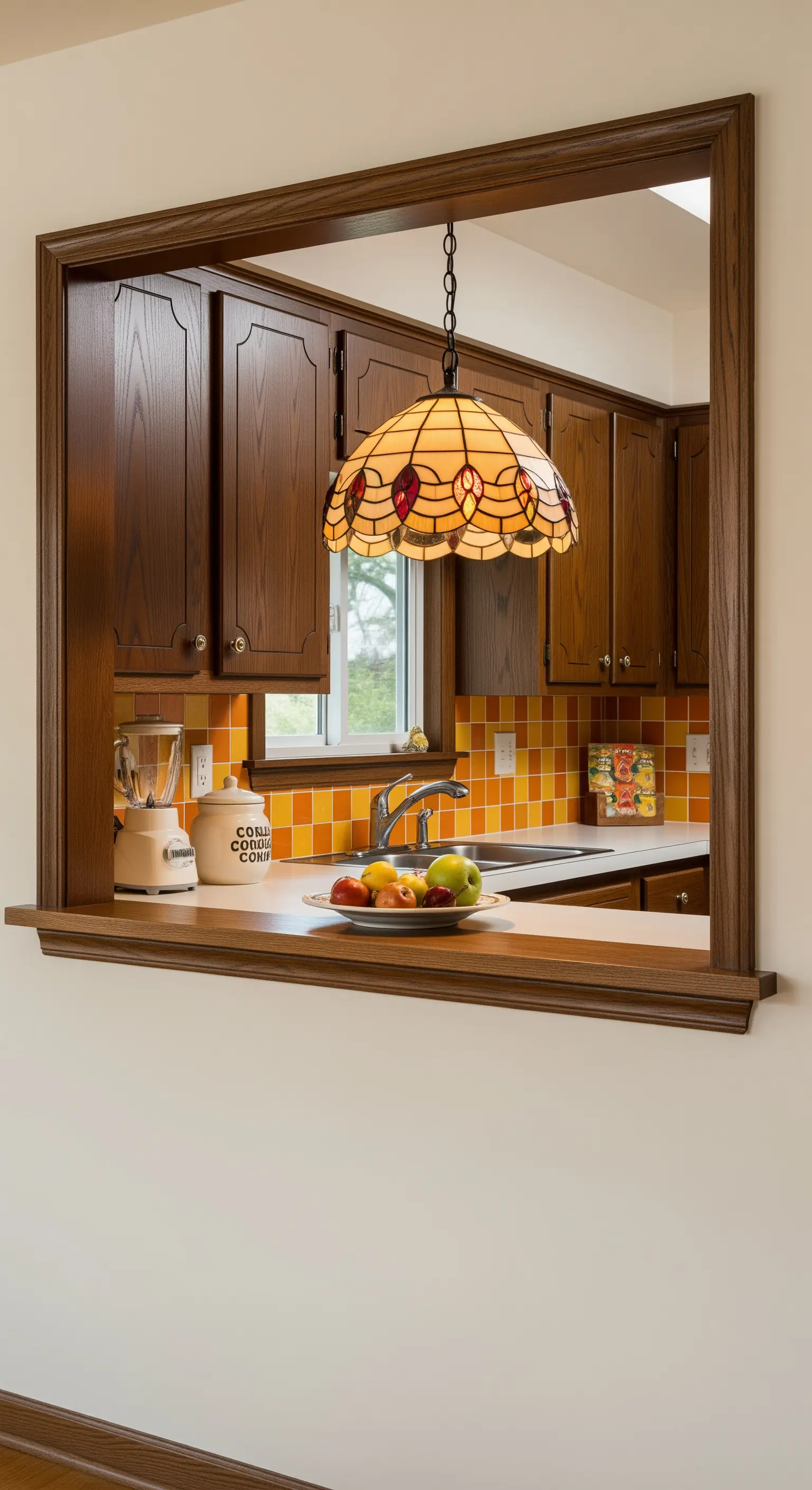 Vista di una cucina con piastrelle arancioni e lampada Tiffany attraverso un passavivande in legno.
