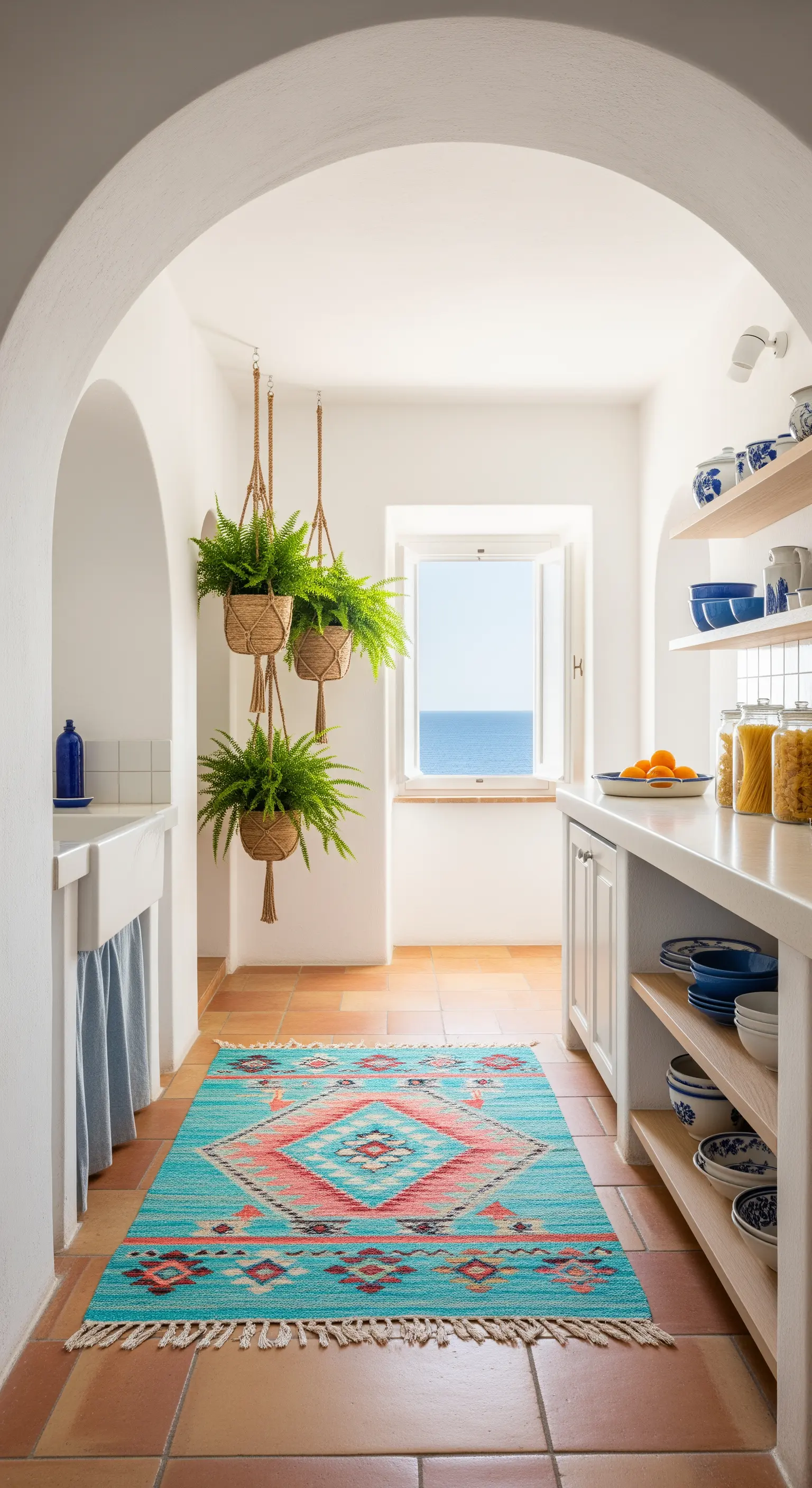Cucina bianca con pavimento in cotto, tappeto kilim turchese e piante di felce sospese.