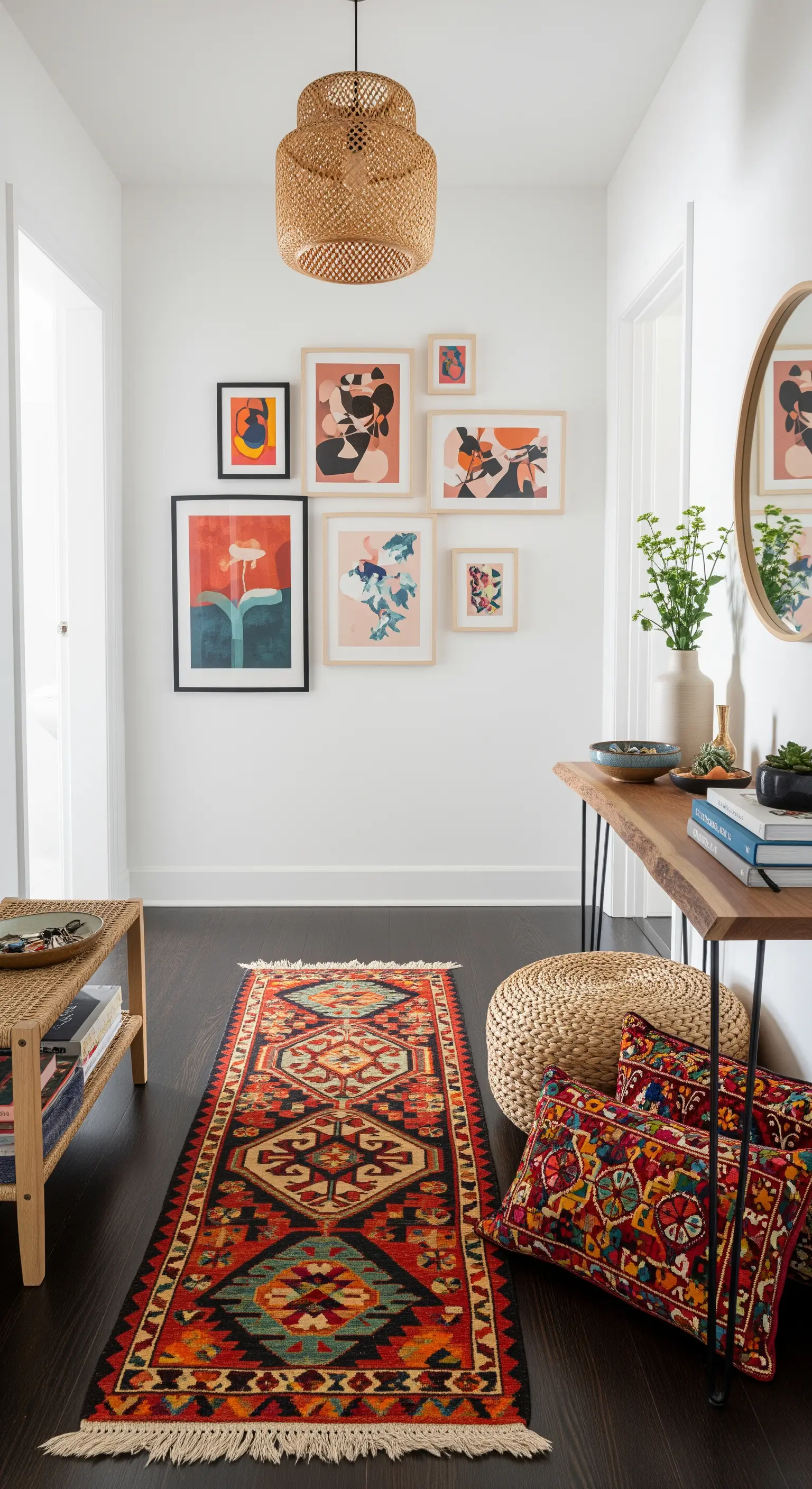 Corridoio con gallery wall di stampe astratte, console in legno e runner etnico colorato.
