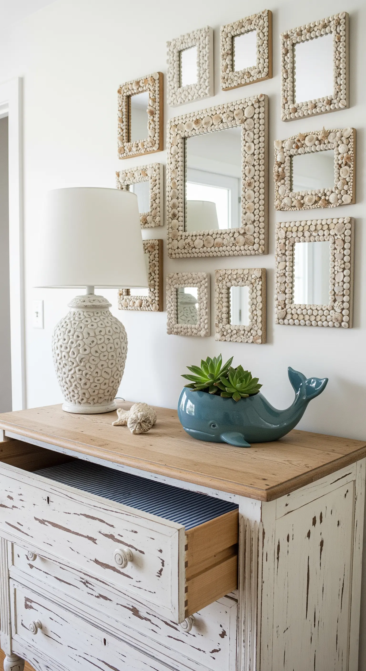 Parete decorata con una collezione di piccoli specchi incorniciati da conchiglie.