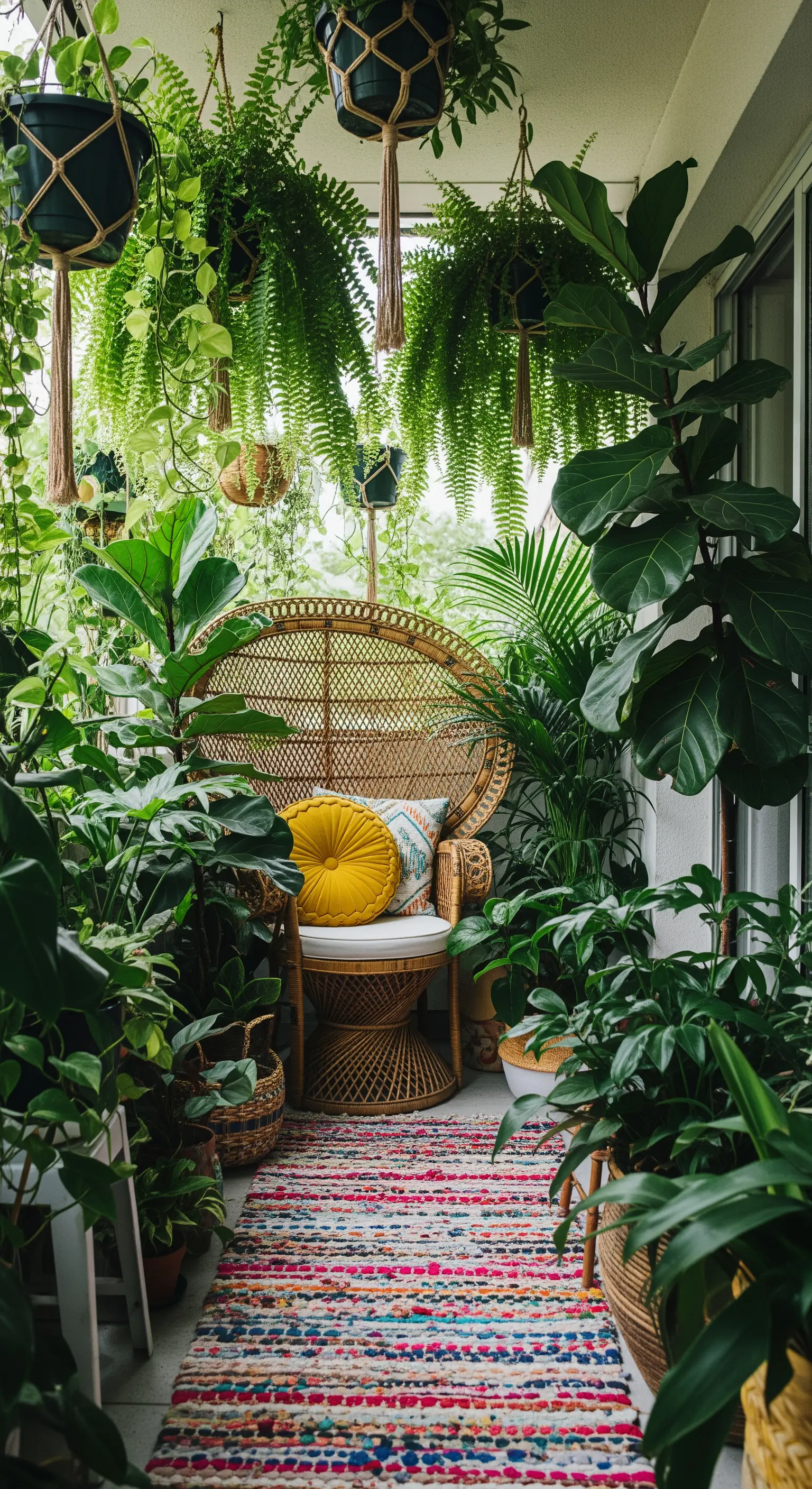 Balcone rigoglioso con una poltrona Peacock in rattan circondata da piante tropicali a diverse altezze.