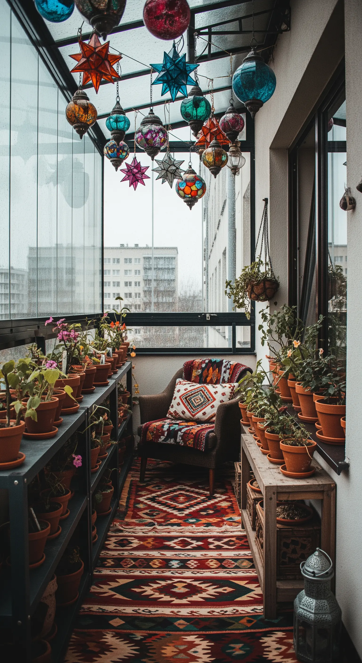 Veranda piena di piante in vaso, con poltrona, kilim e decine di lanterne colorate appese.