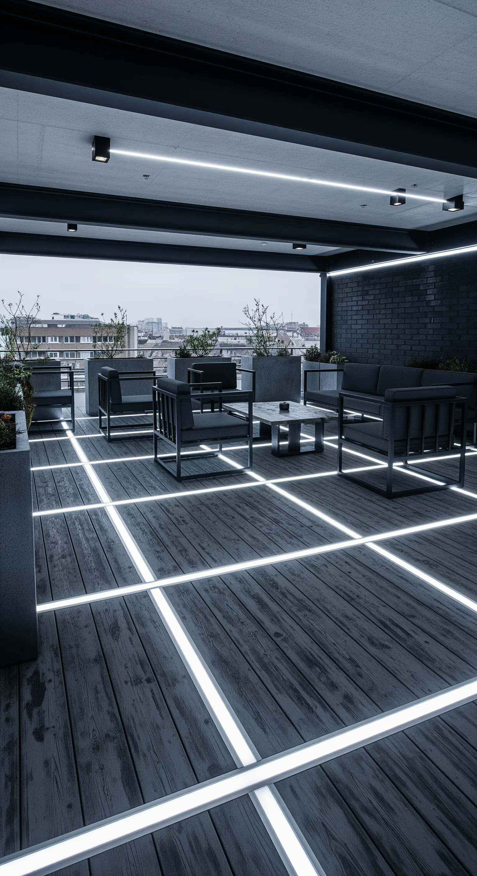 Terrazza moderna con pavimento in legno scuro e una griglia di luce LED bianca integrata