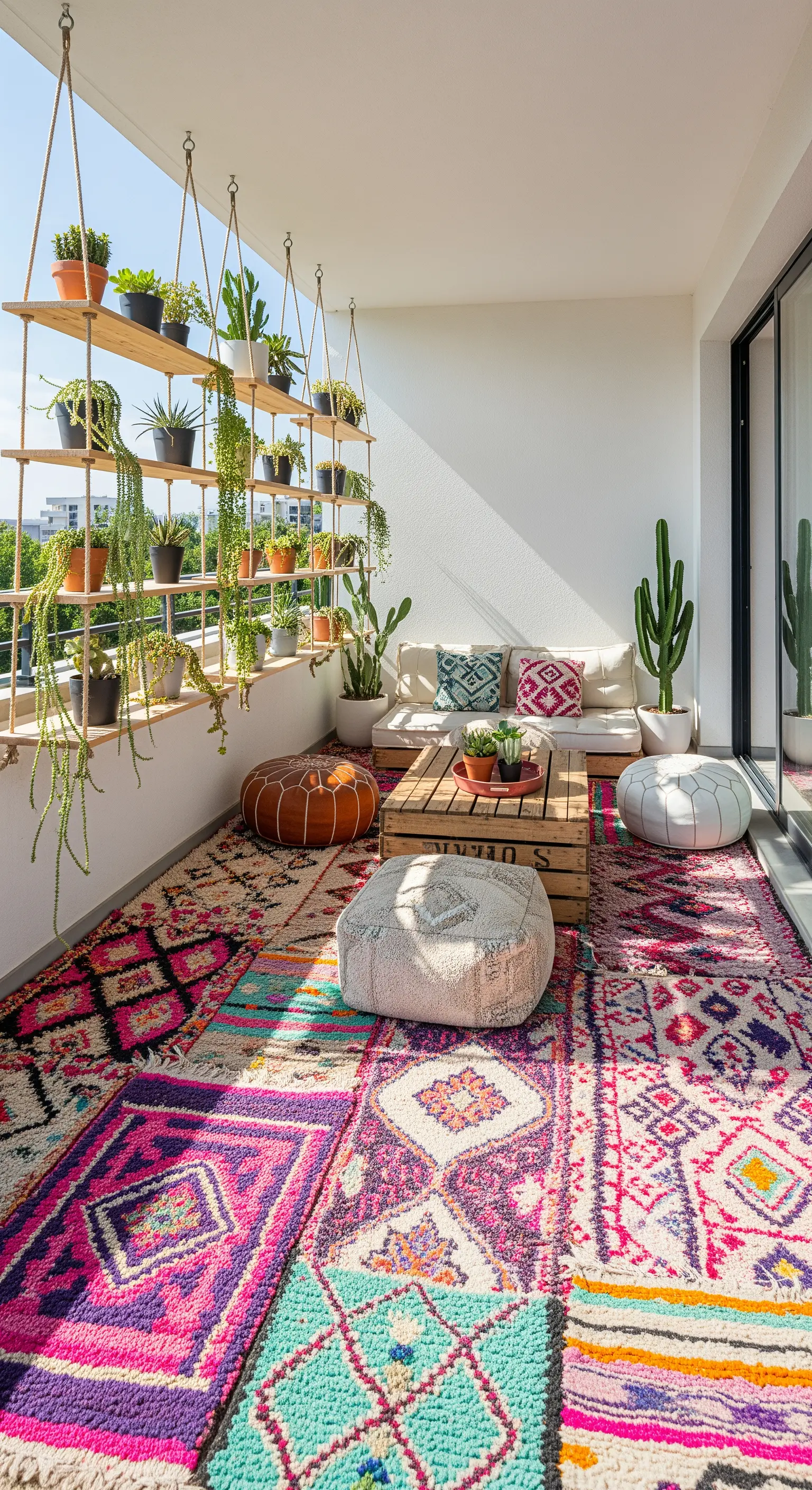 Balcone con mensola sospesa per piante grasse, tappeto patchwork e pouf marocchini.