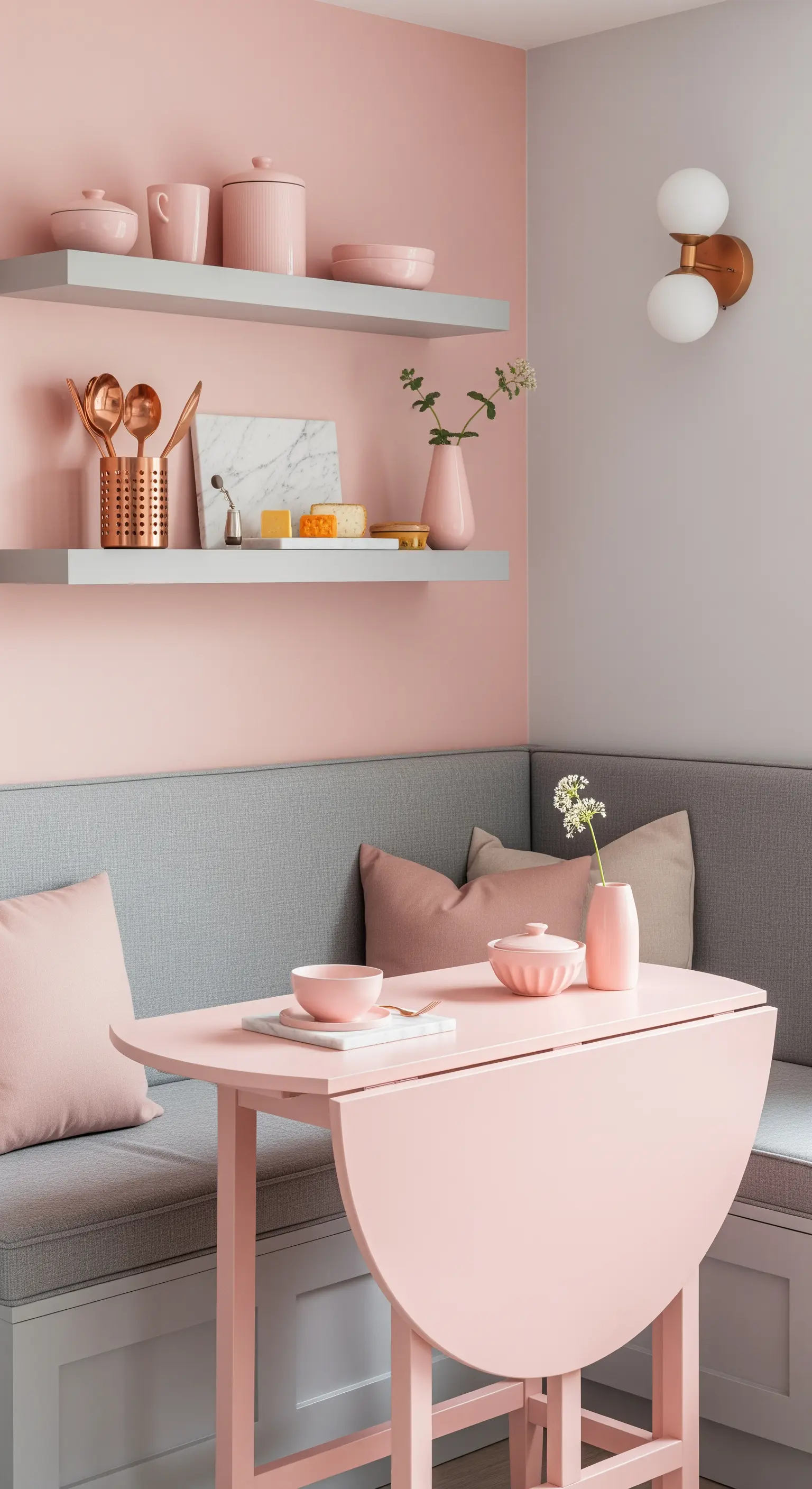 Angolo pranzo con panca angolare grigia e tavolo a ribalta rosa in una cucina rosa e grigia.
