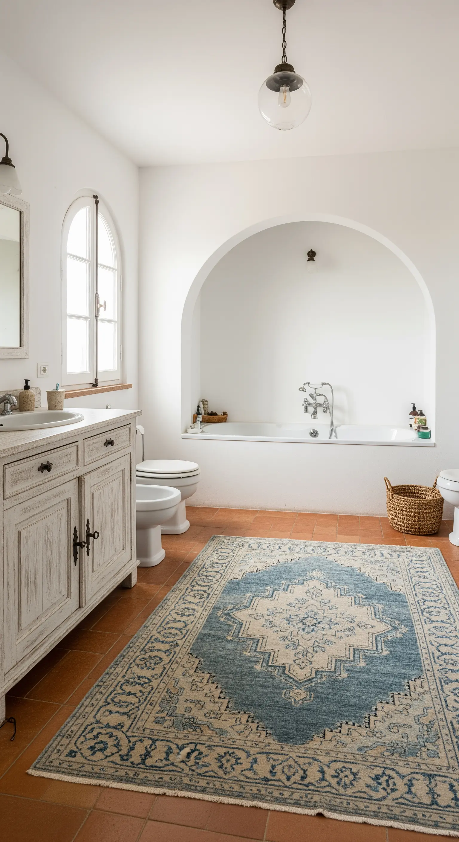 Bagno in stile mediterraneo con vasca in una nicchia ad arco e pavimento in cotto.