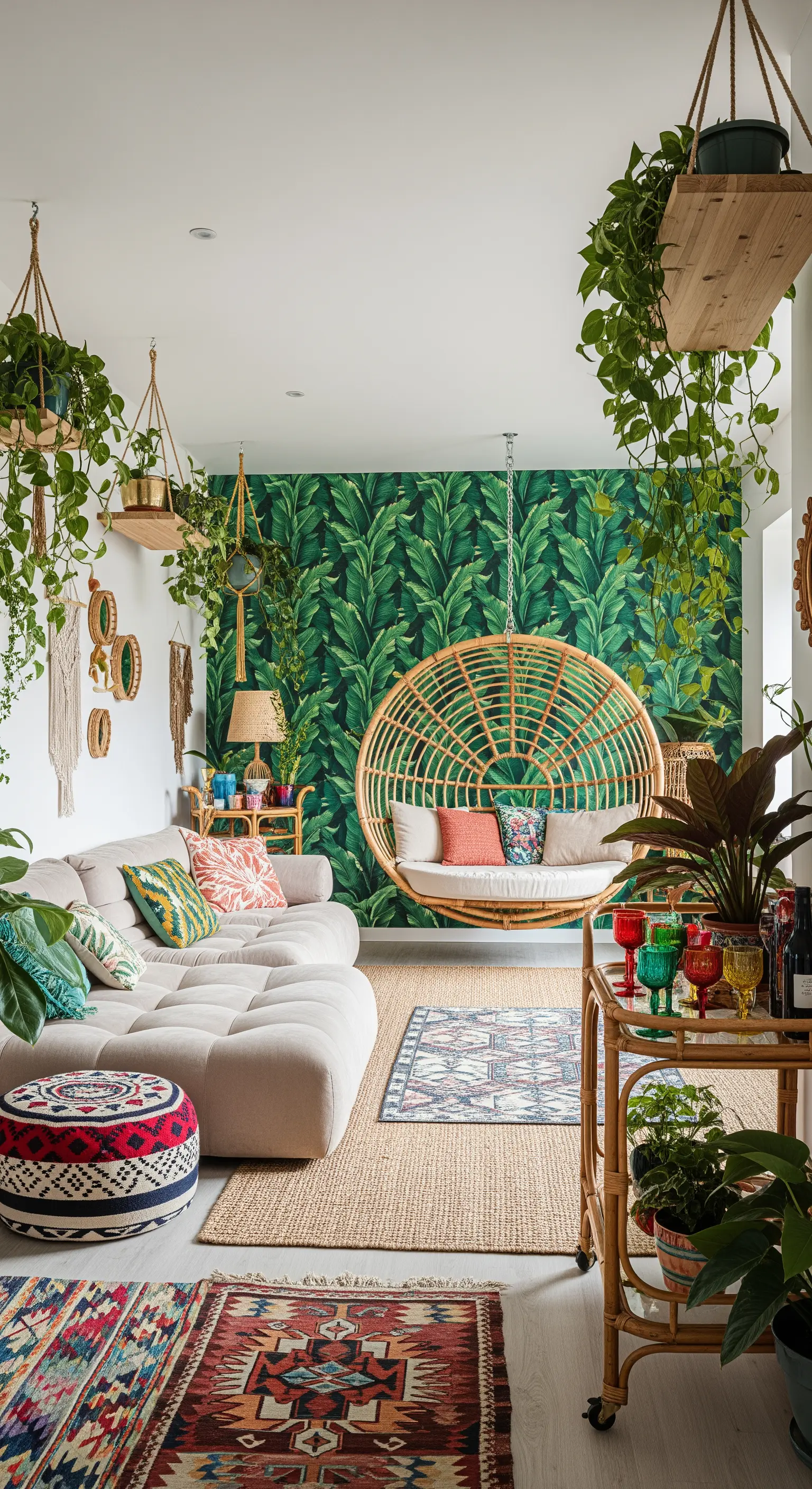 Soggiorno con carta da parati a tema giungla e una grande poltrona sospesa in rattan.