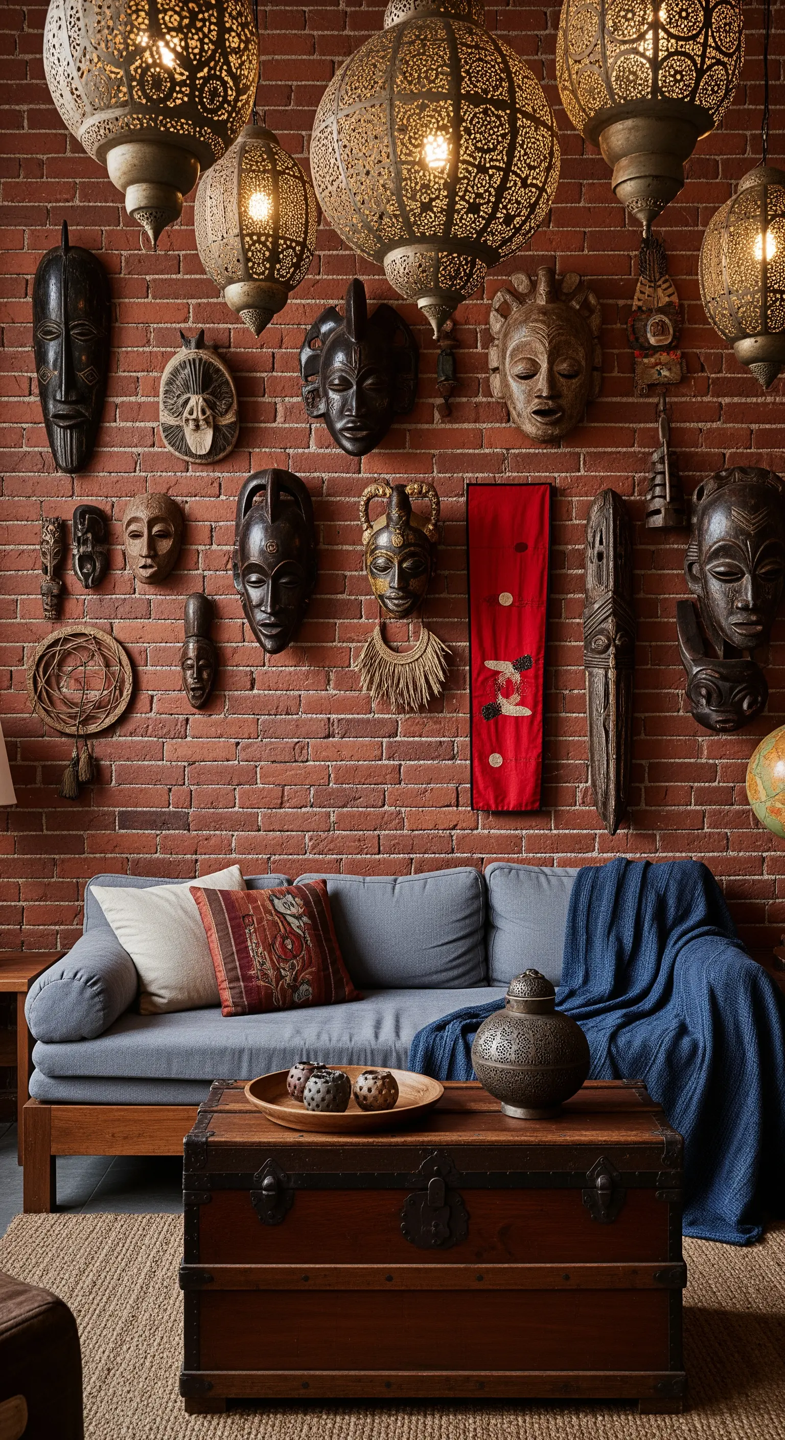 Parete di mattoni decorata con una collezione di maschere africane e lanterne marocchine.
