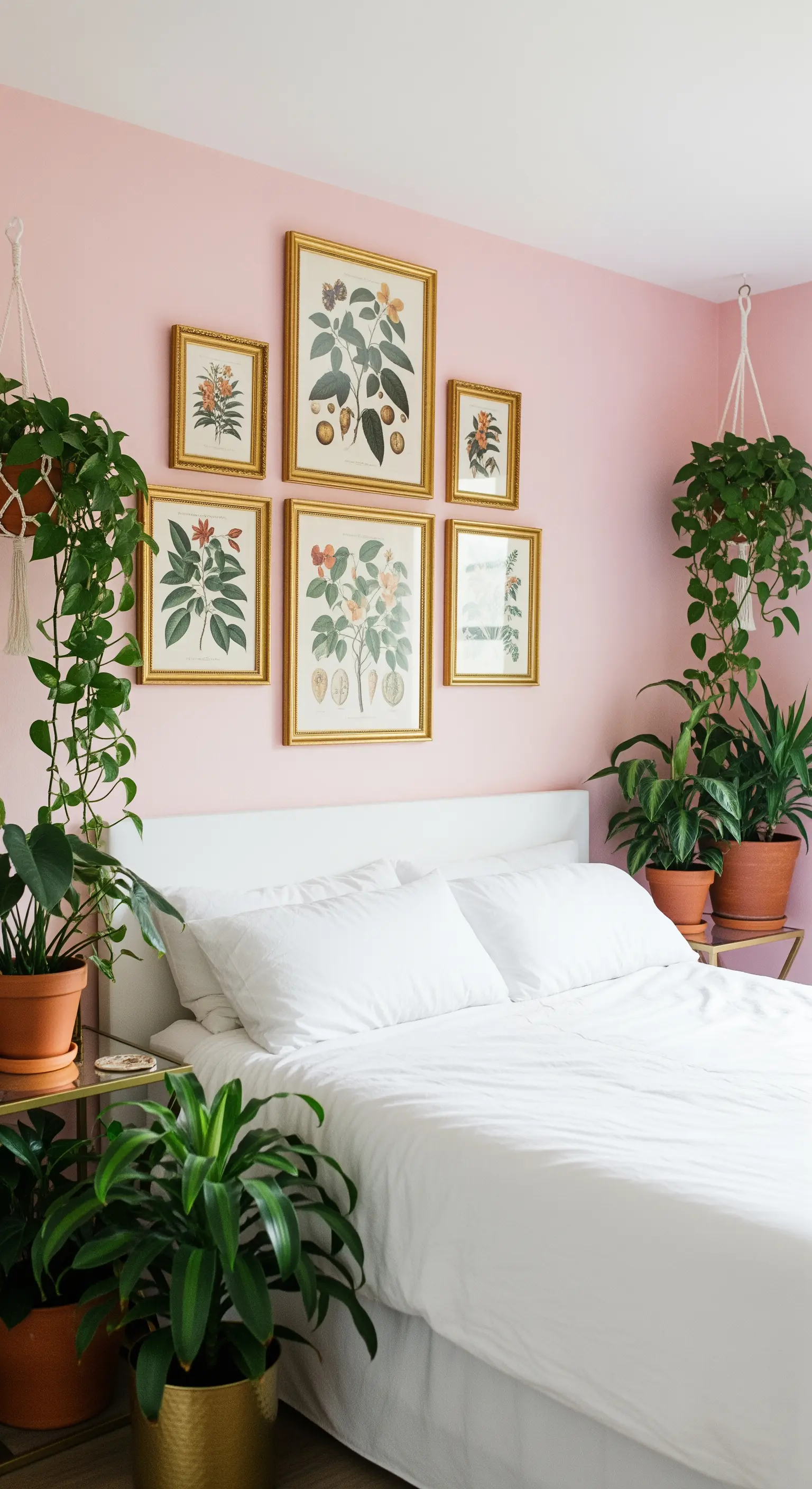 Parete rosa con una galleria di stampe botaniche in cornici dorate e piante verdi.