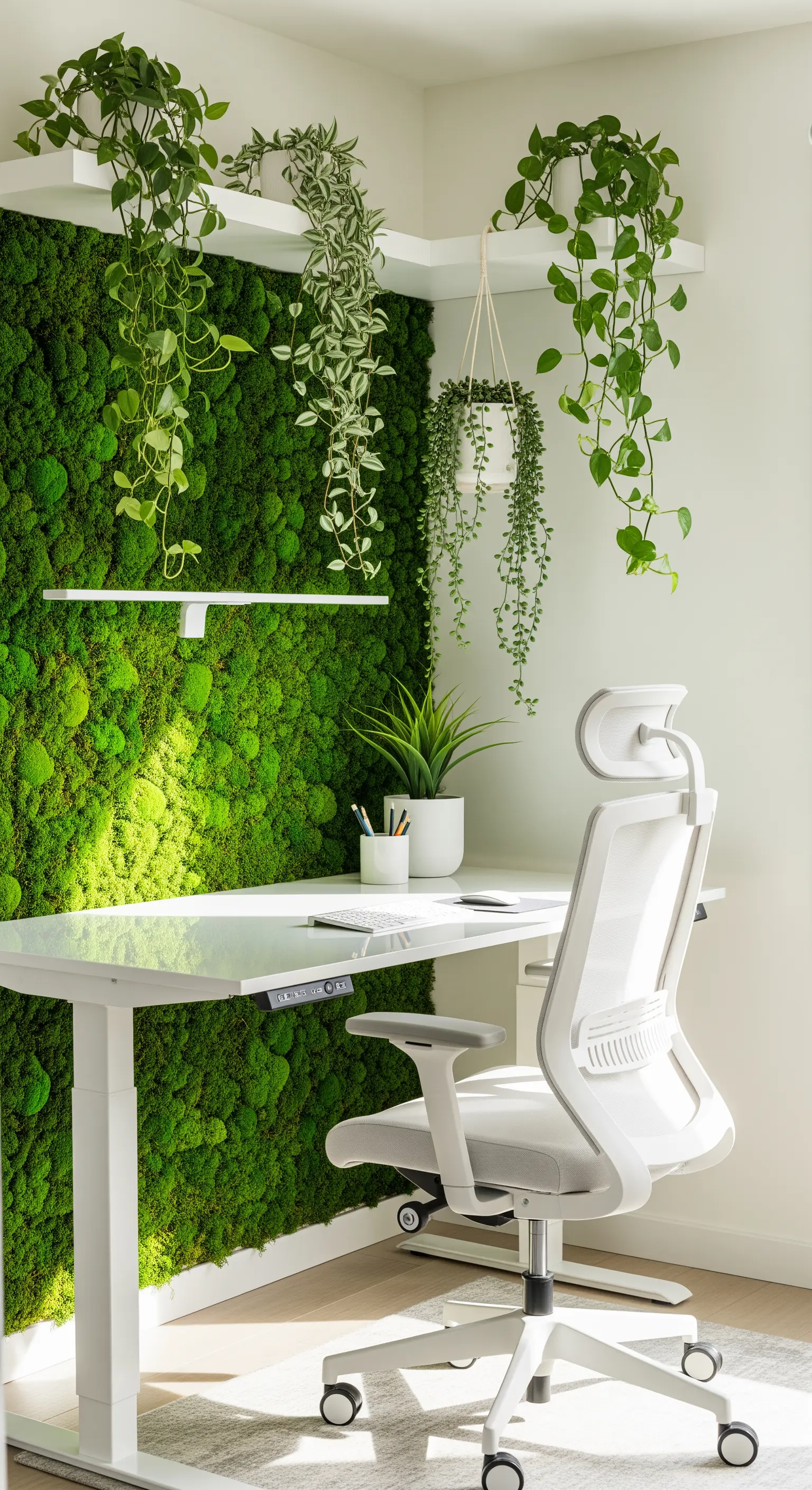 Home office con scrivania bianca regolabile, sedia ergonomica e una parete di muschio verde.