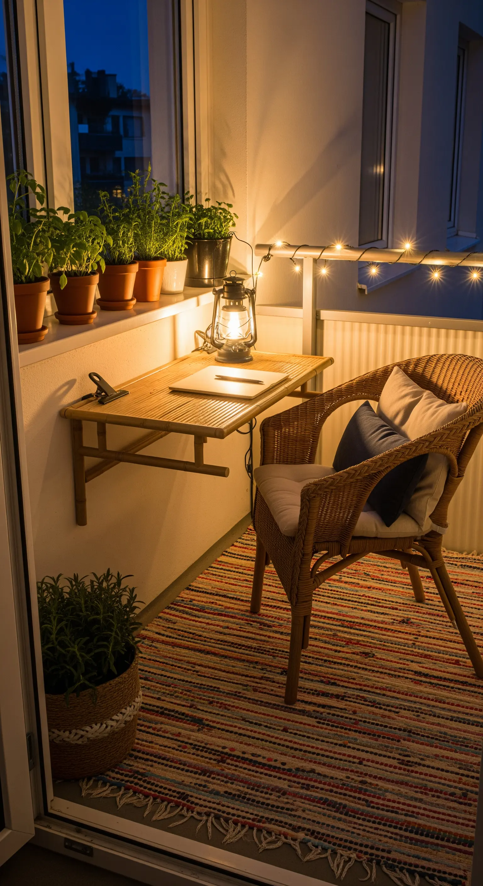 Piccolo balcone con tavolino a ribalta, sedia in vimini e piante aromatiche.