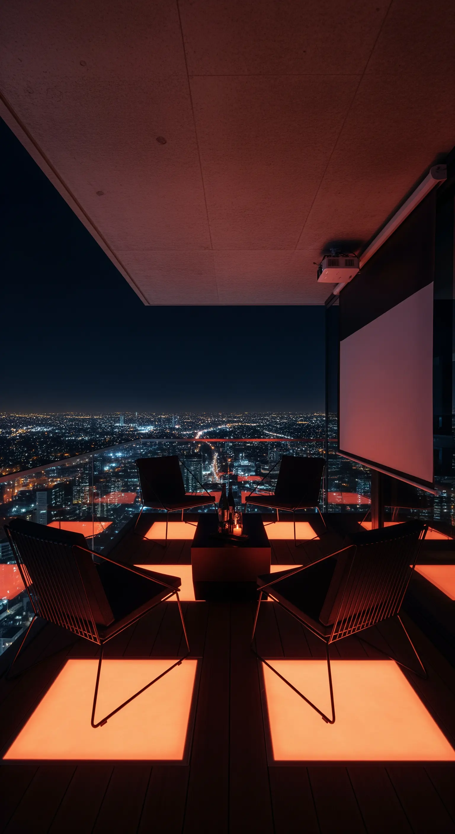 Balcone con pavimento a pannelli luminosi rossi e sedute nere disposte come in un cinema