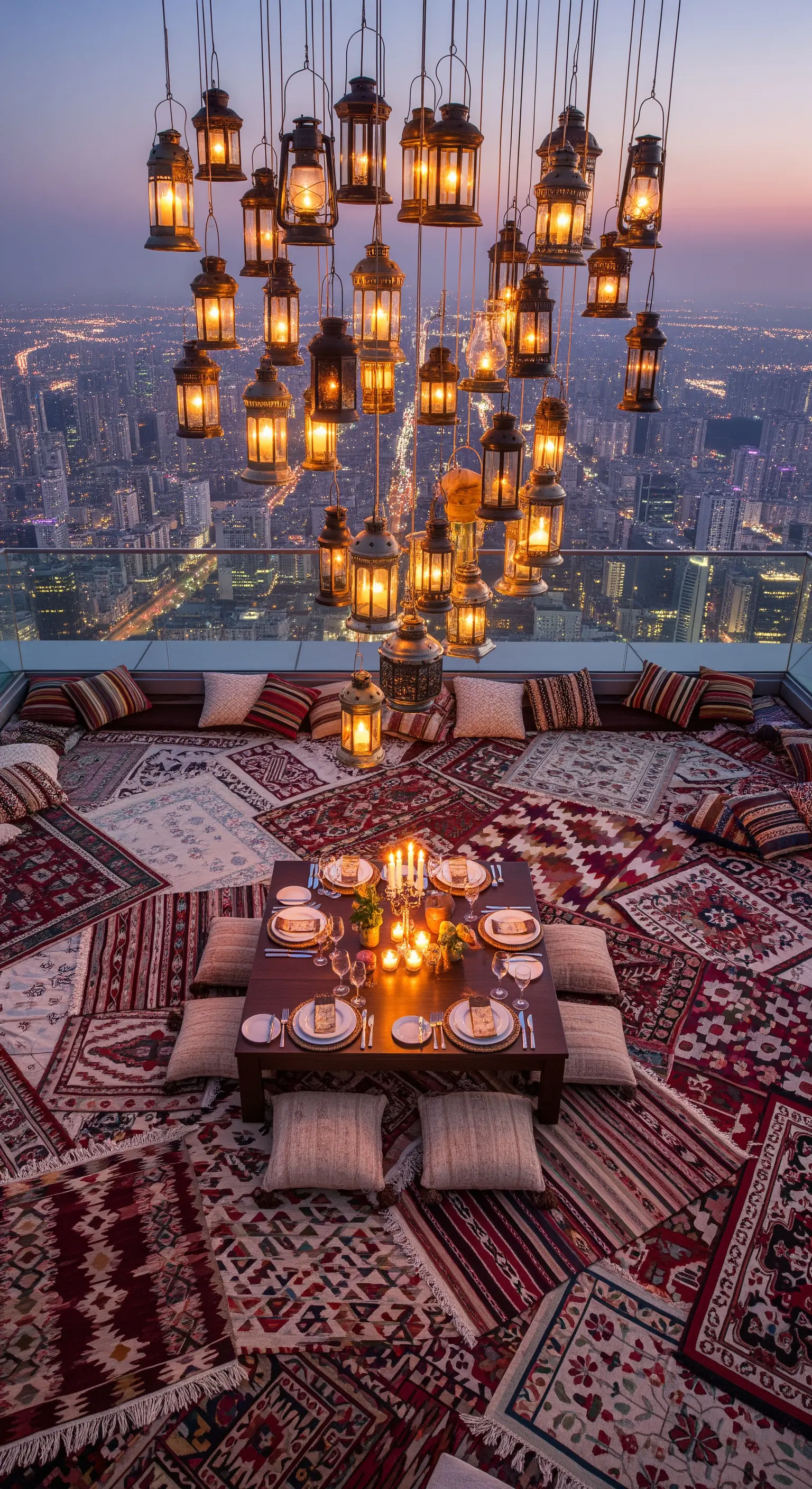 Cena su rooftop con tavolo basso, patchwork di kilim e un'installazione di lanterne luminose.
